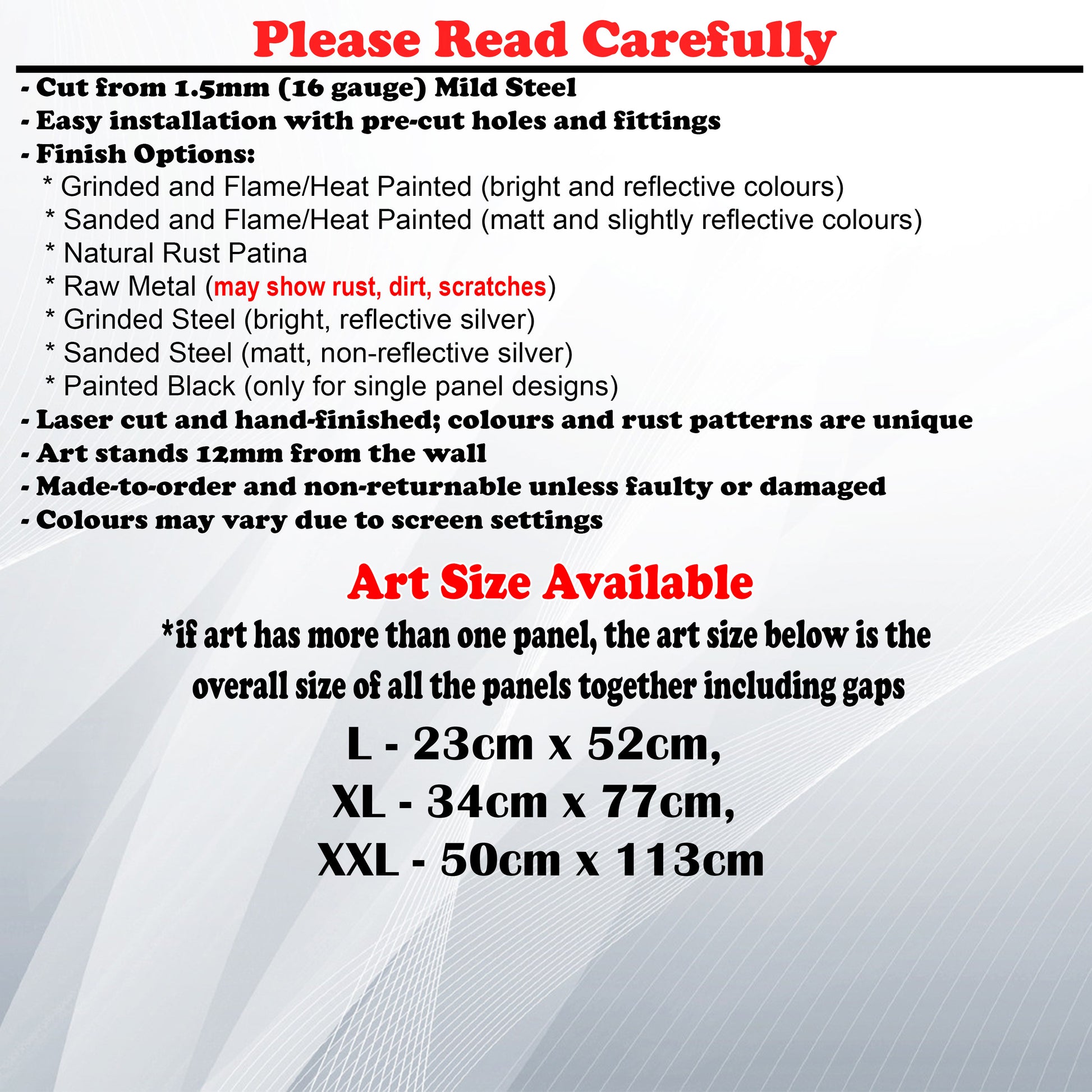 Metal Art Size Guide and art details like Material, finish options, fittings