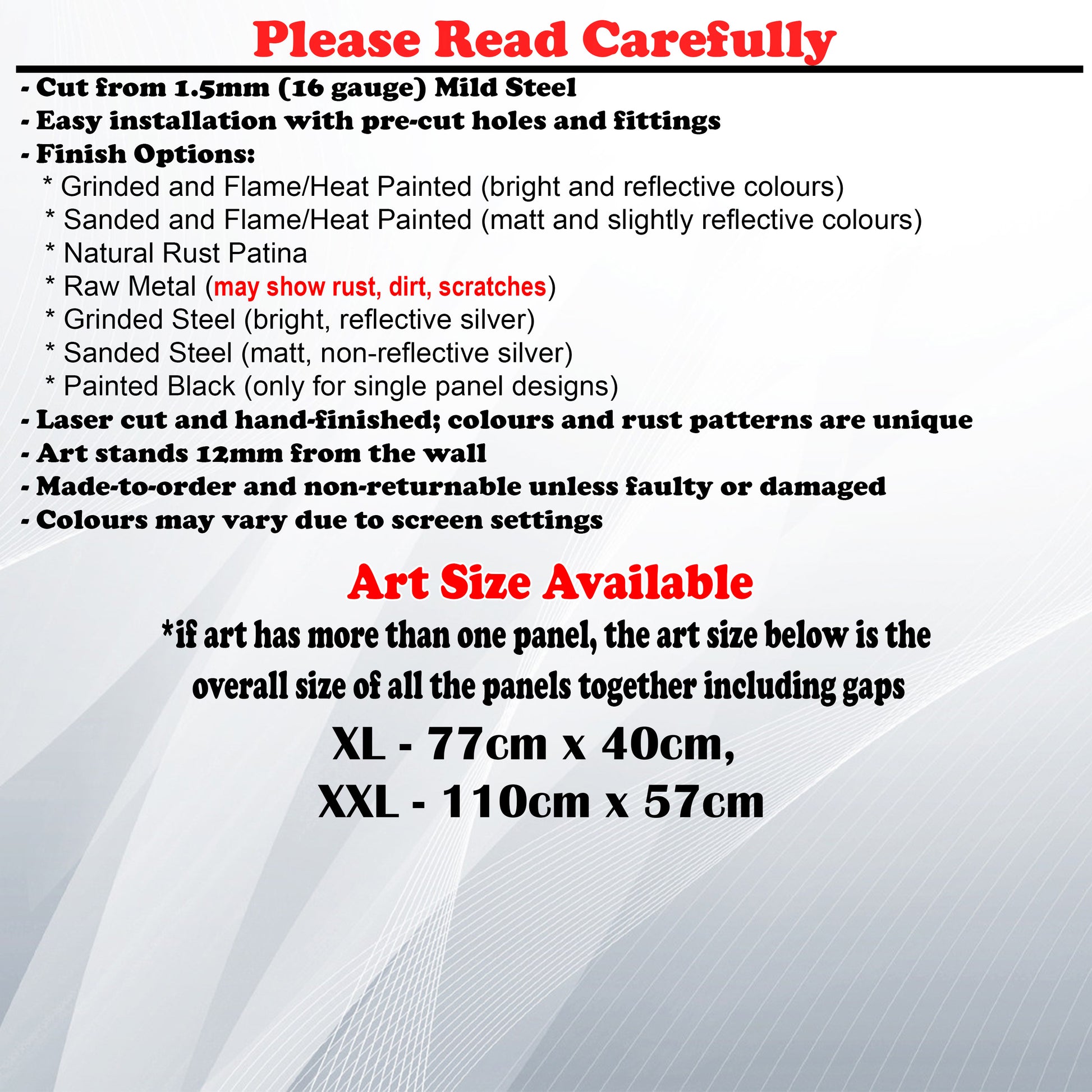 Metal Art Size Guide and art details like Material, finish options, fittings