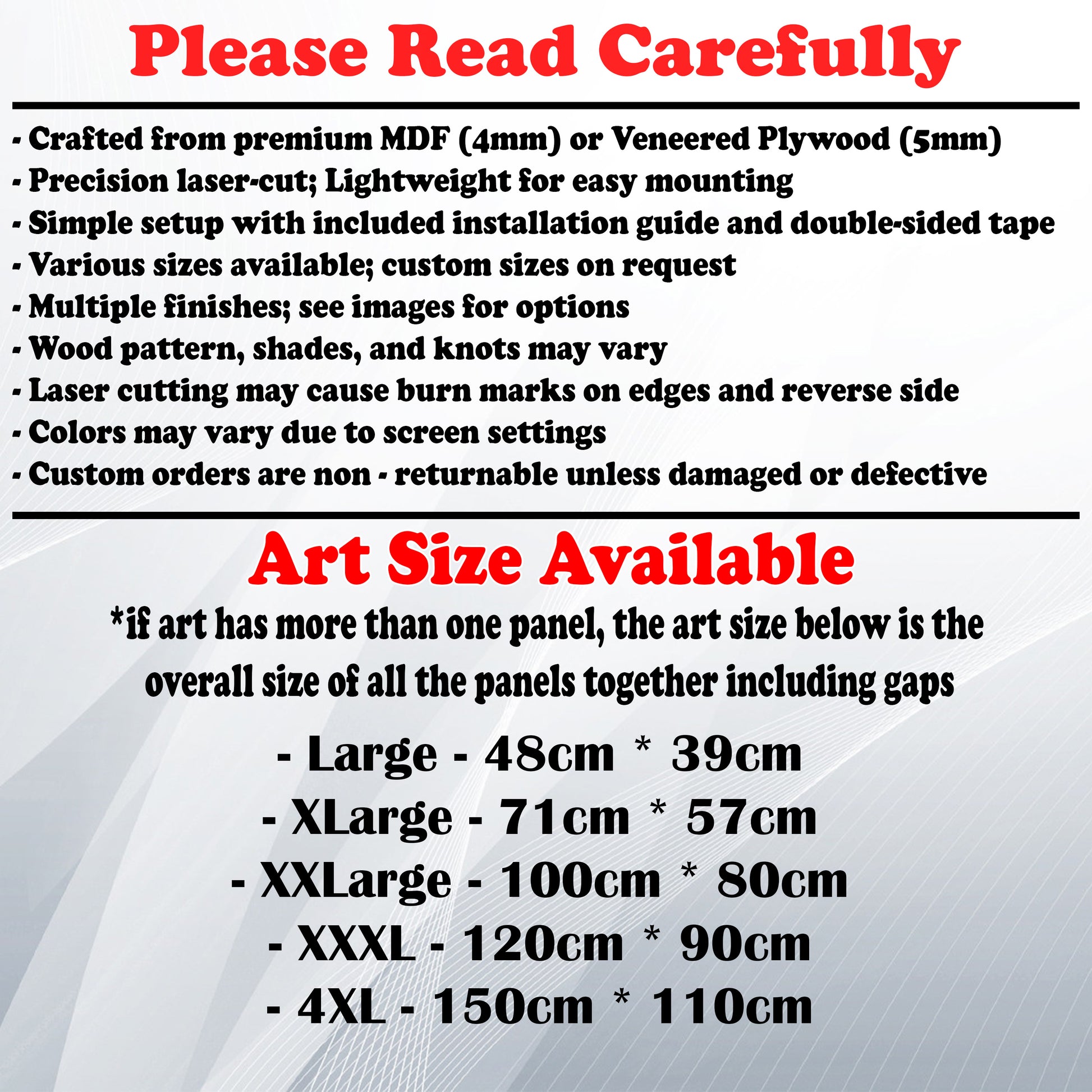 Wooden Art Size Guide and art details, Material, finish options, fittings.