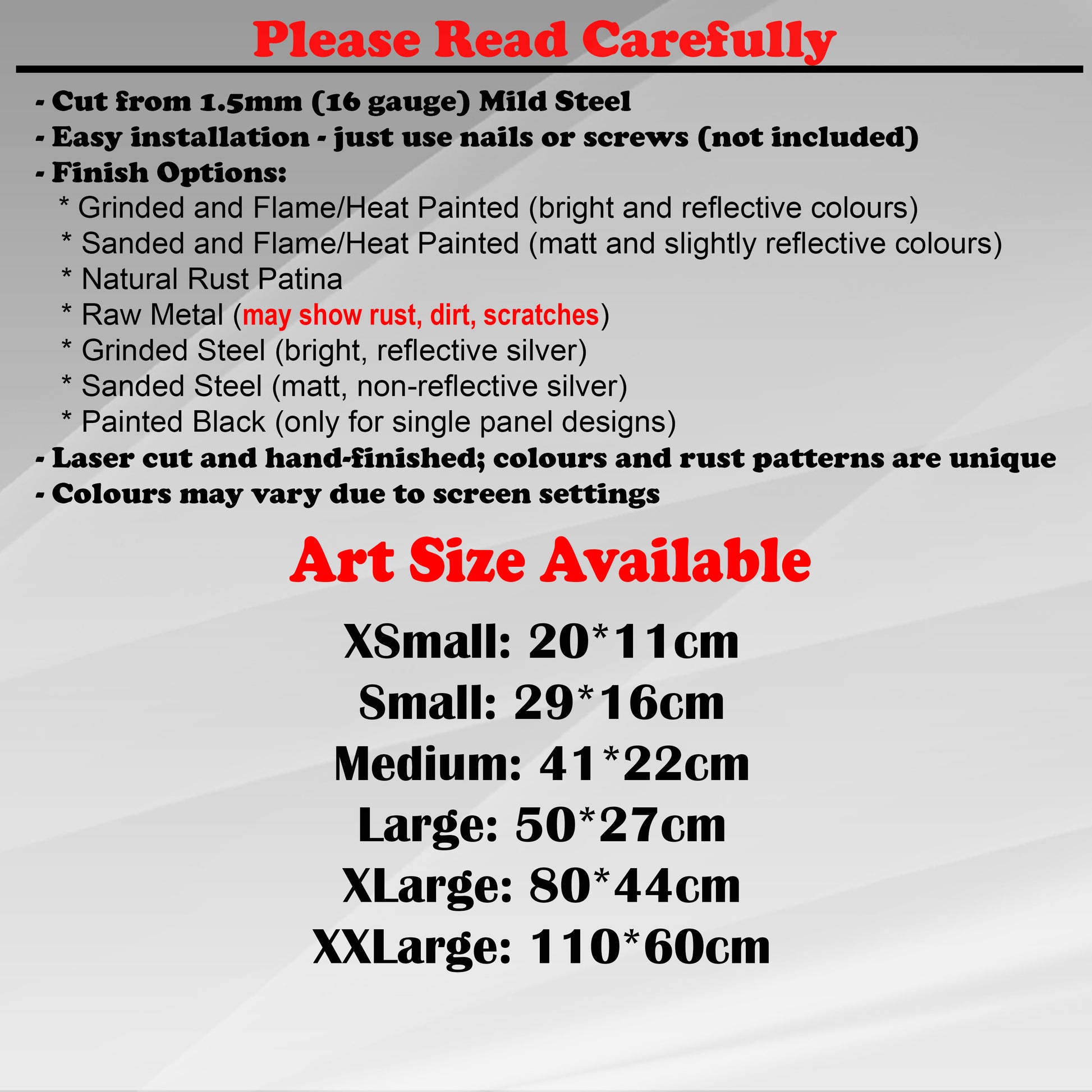 Duke Craft - Metal Garden Art Size Guide and art details, Material, finish options, fittings explained.