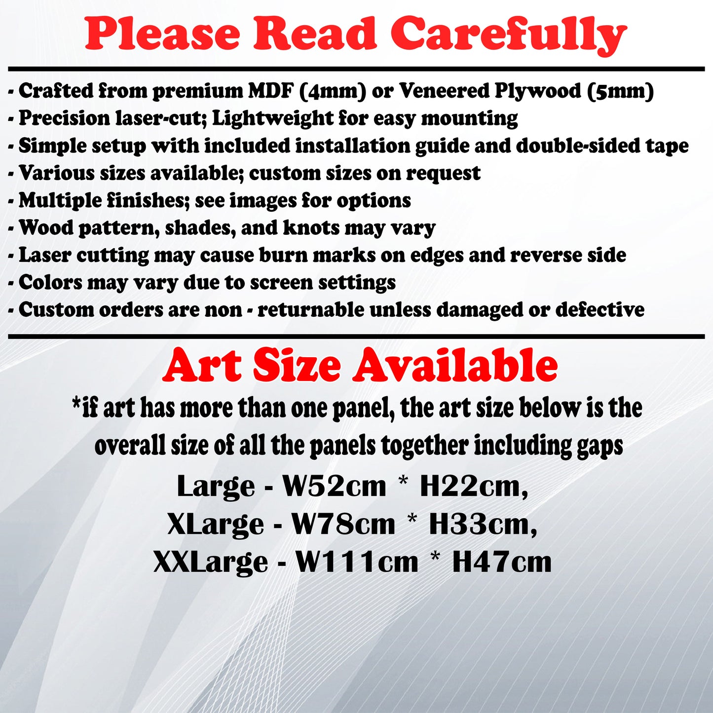 Wooden Art Size Guide and art details, Material, finish options, fittings.
