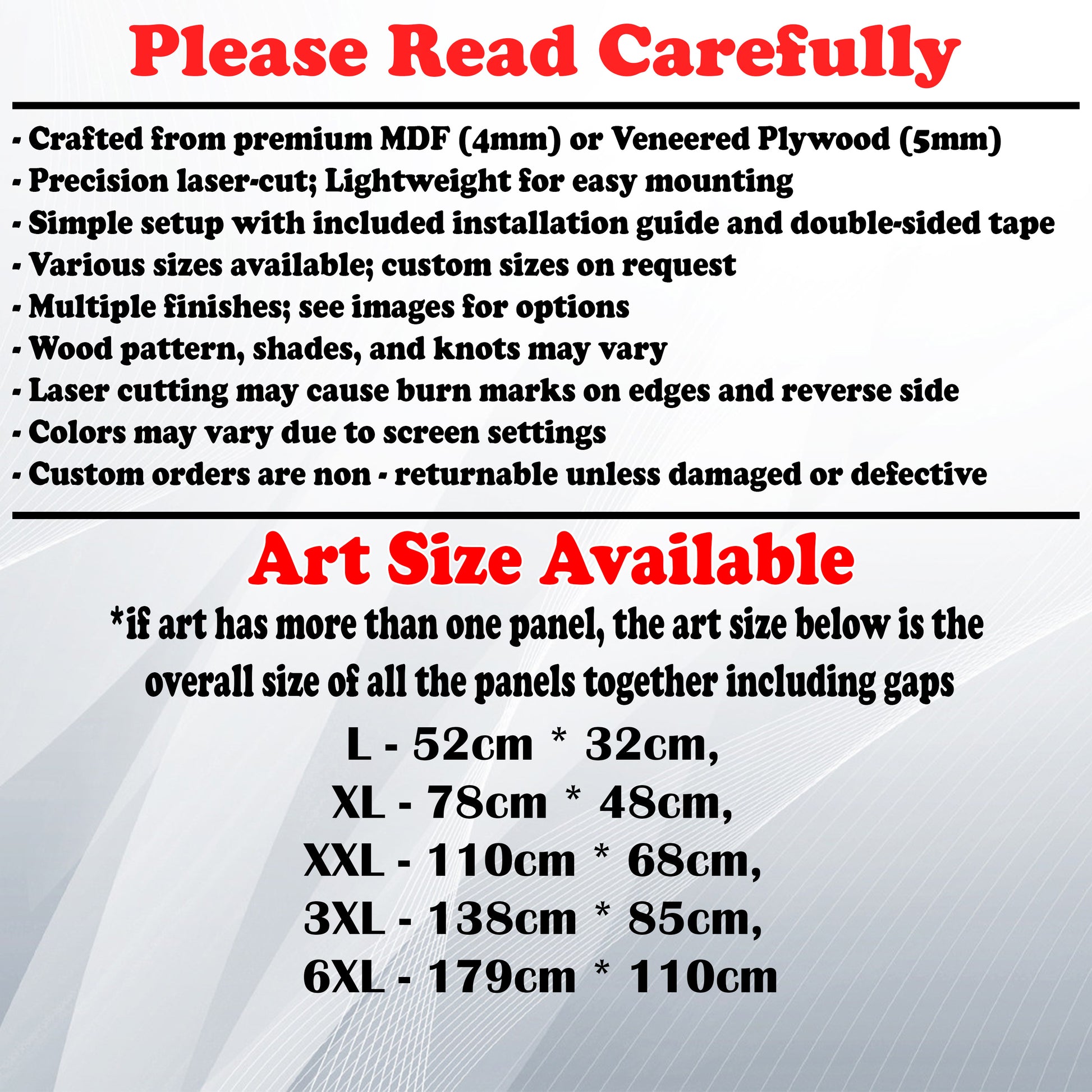 Wooden Art Size Guide and art details, Material, finish options, fittings.