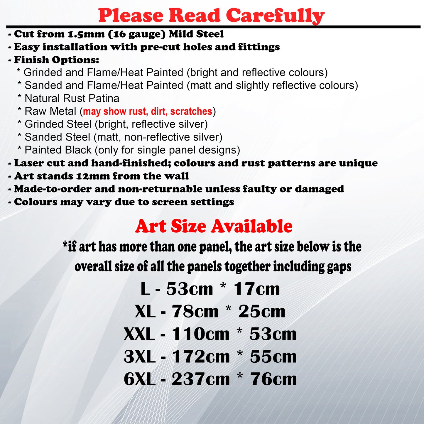 Metal Art Size Guide and art details like Material, finish options, fittings