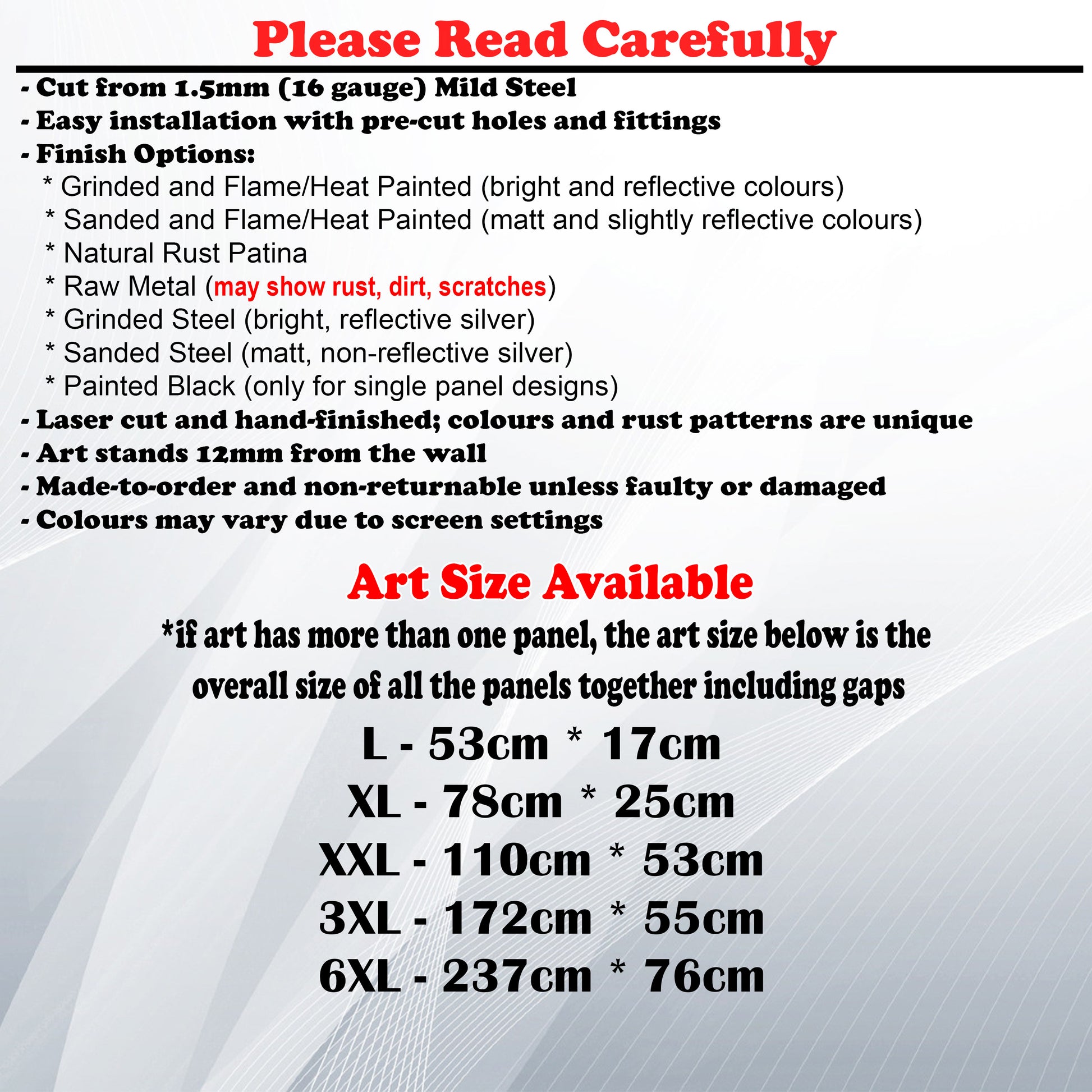 Metal Art Size Guide and art details like Material, finish options, fittings