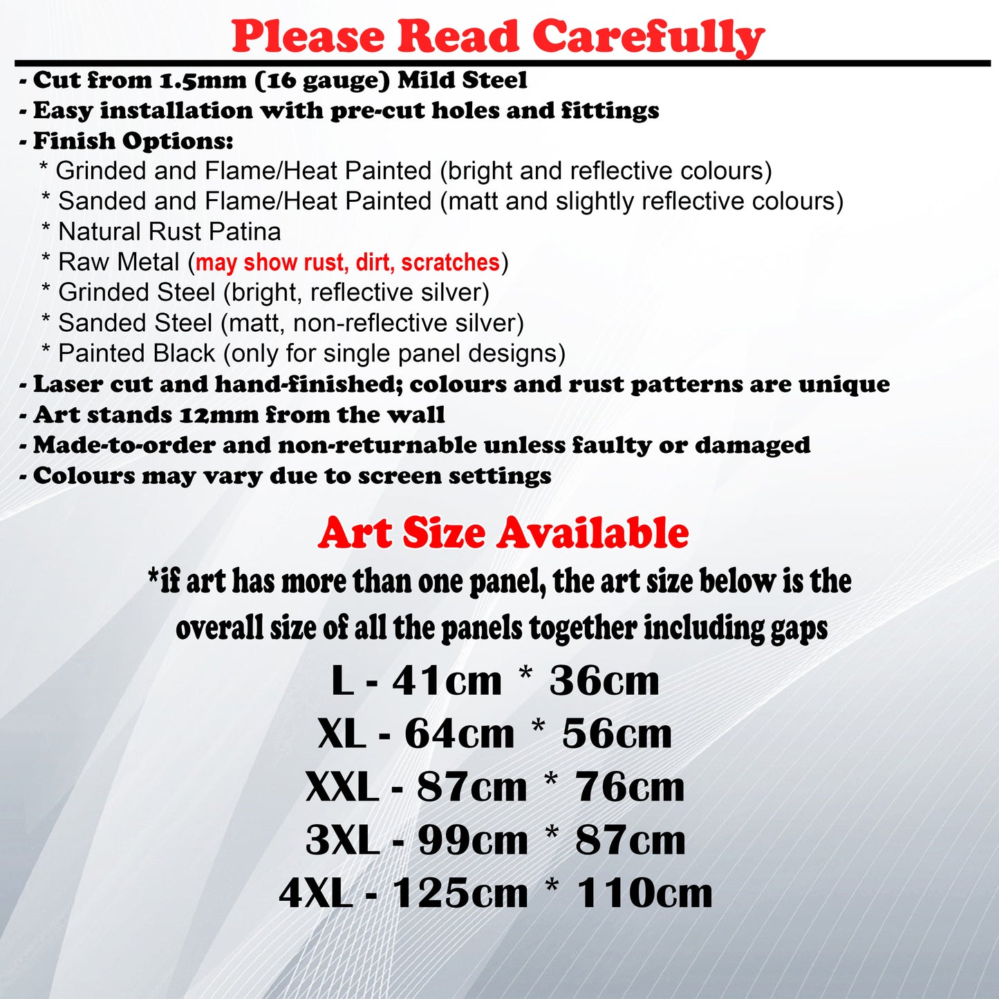 Metal Art Size Guide and art details like Material, finish options, fittings