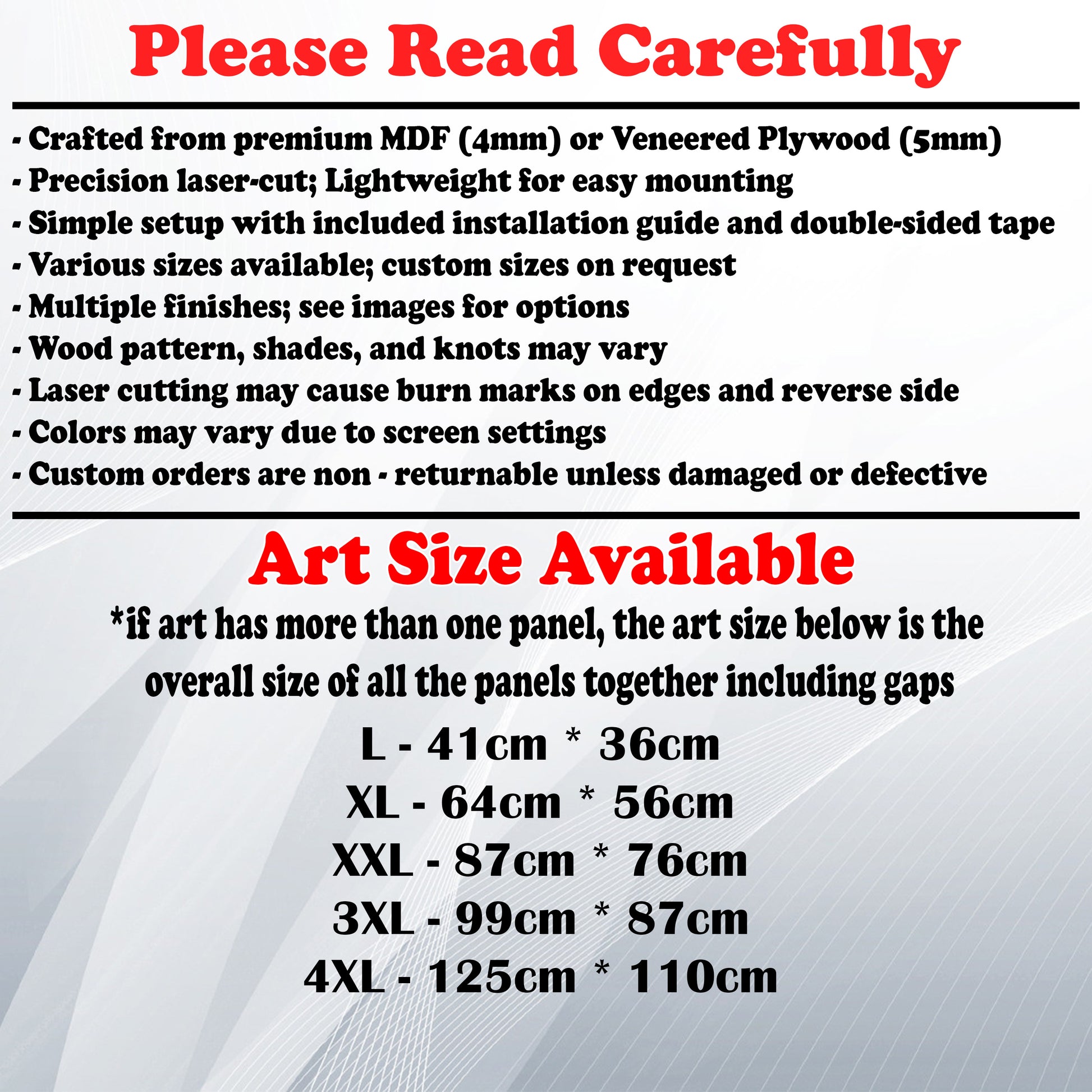 Wooden Art Size Guide and art details, Material, finish options, fittings.