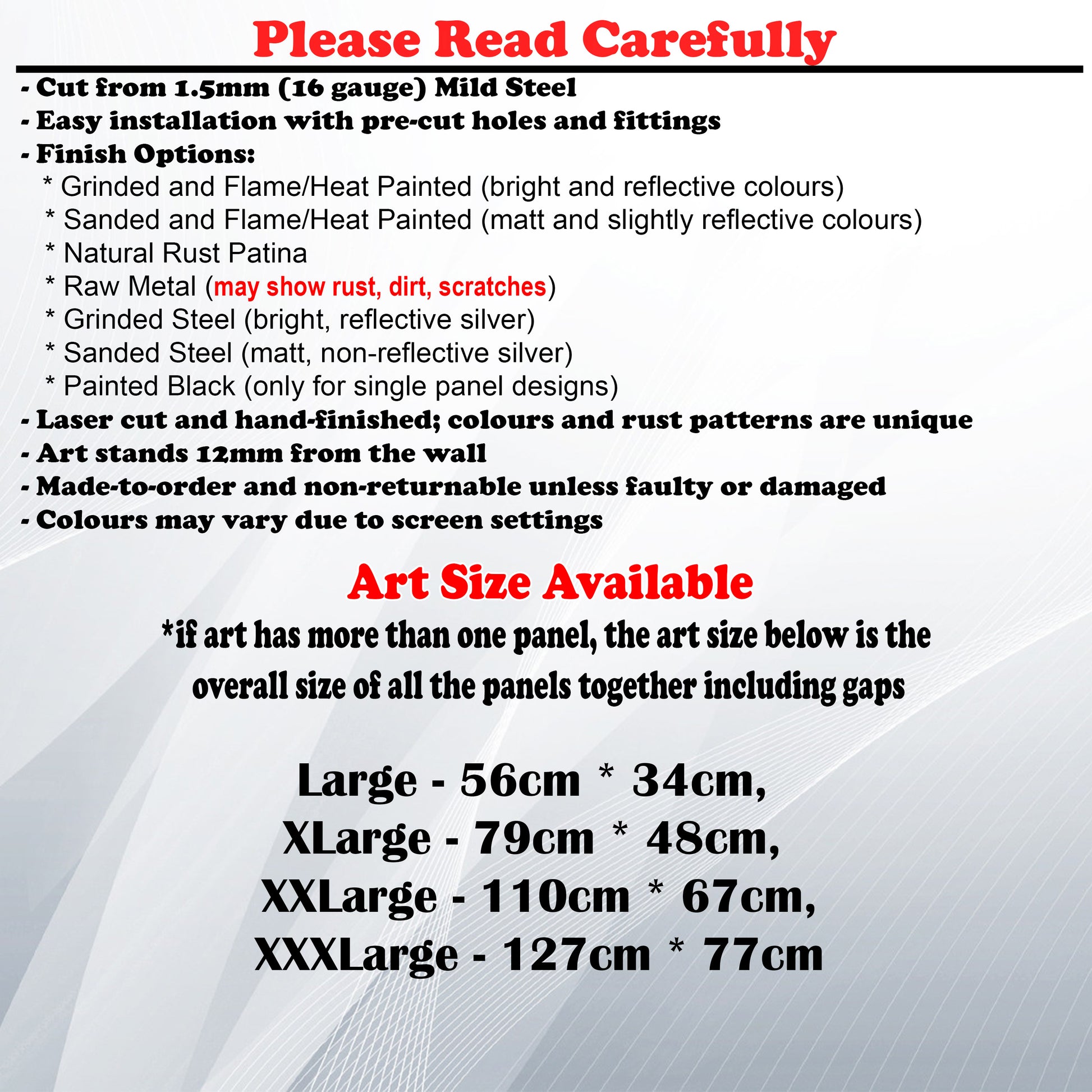 Metal Art Size Guide and art details like Material, finish options, fittings