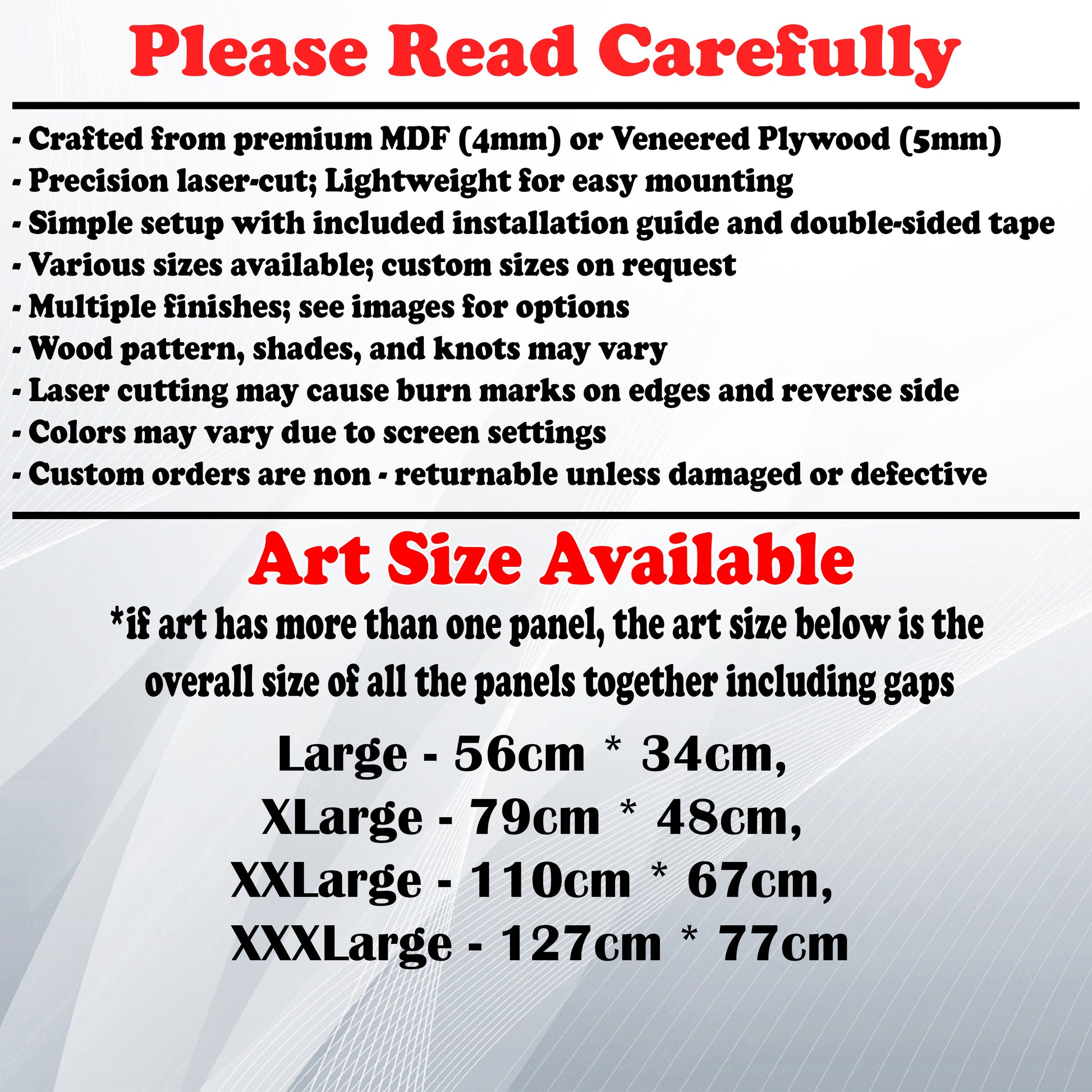 Wooden Art Size Guide and art details, Material, finish options, fittings.