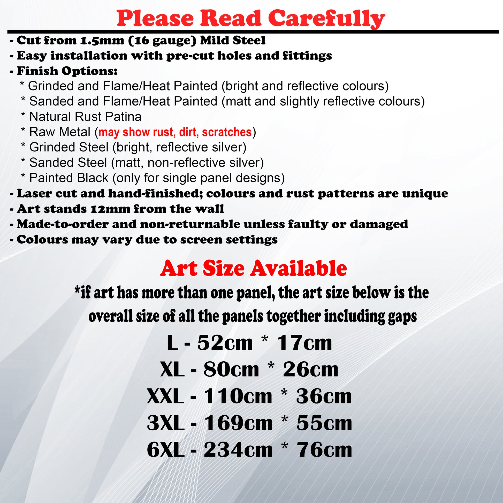 Metal Art Size Guide and art details like Material, finish options, fittings