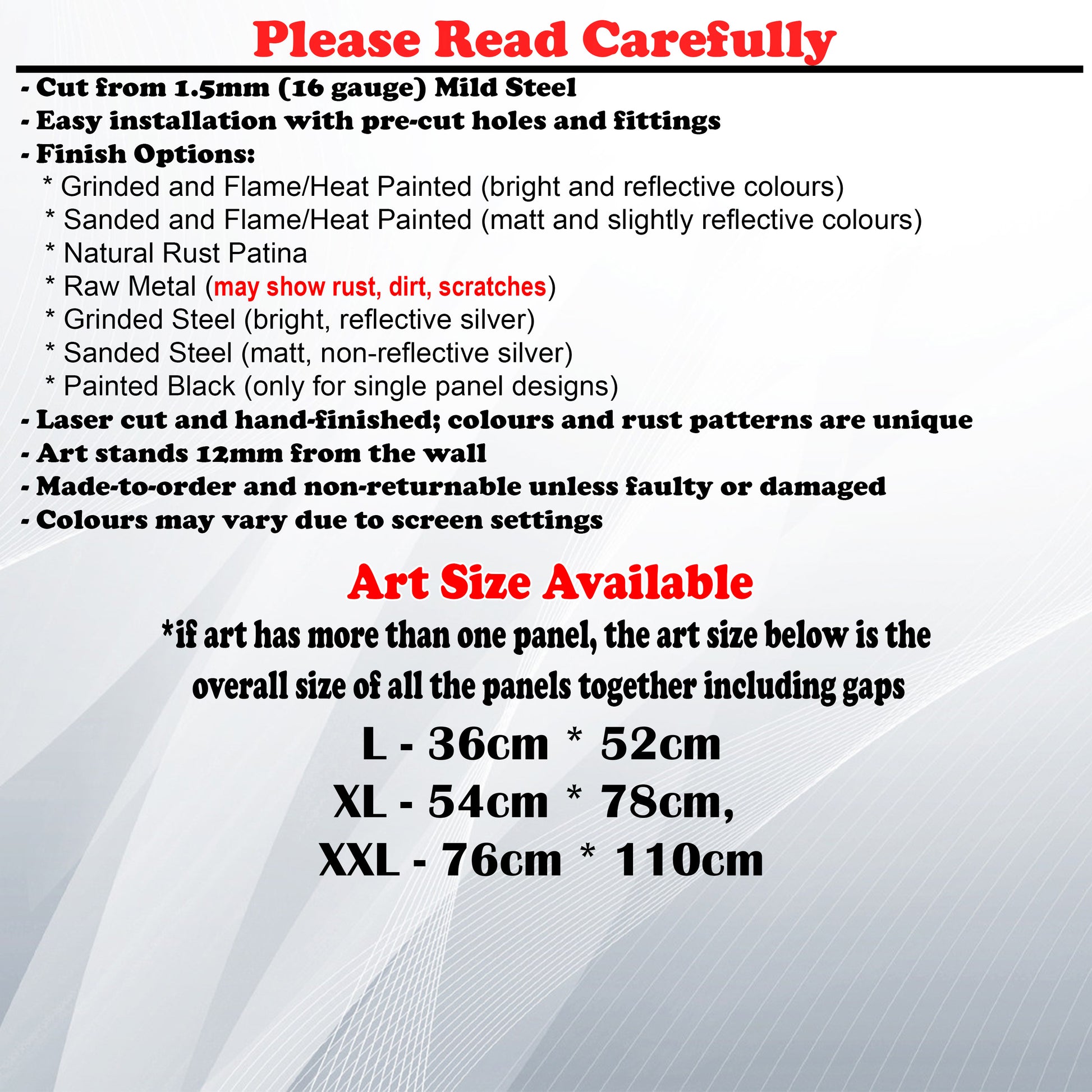 Metal Art Size Guide and art details like Material, finish options, fittings