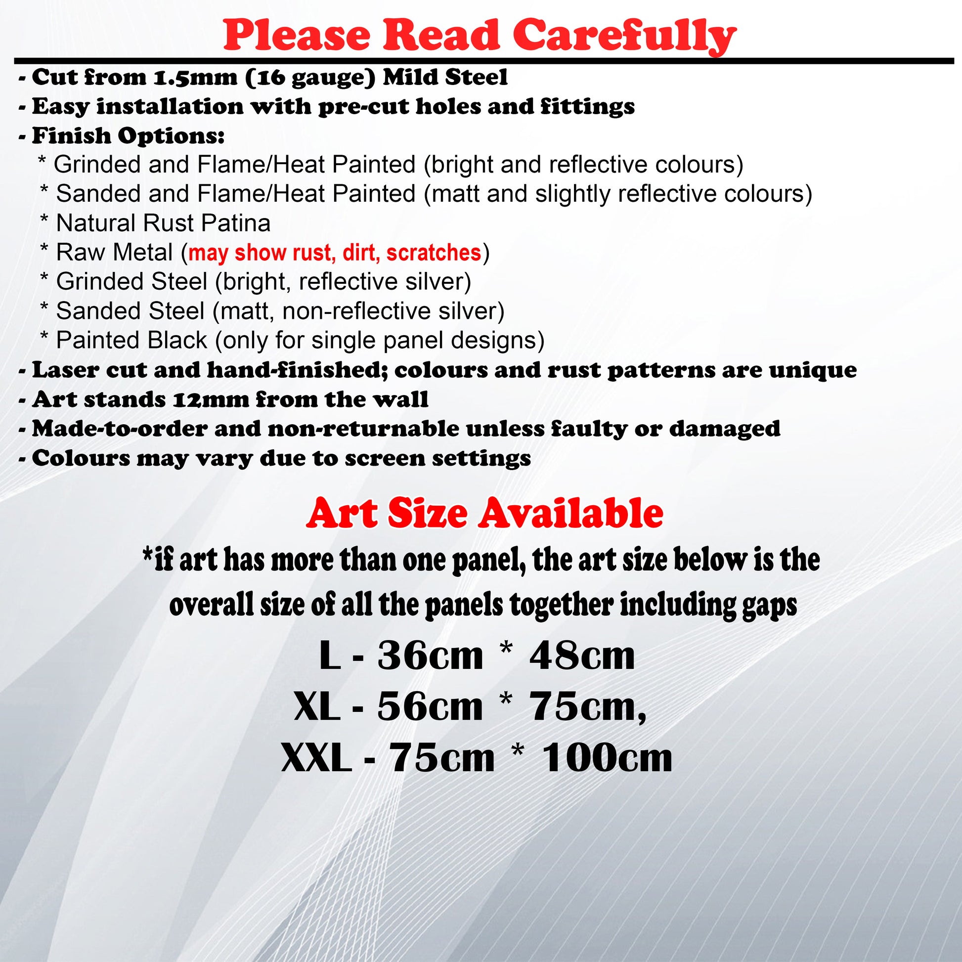 Metal Art Size Guide and art details like Material, finish options, fittings