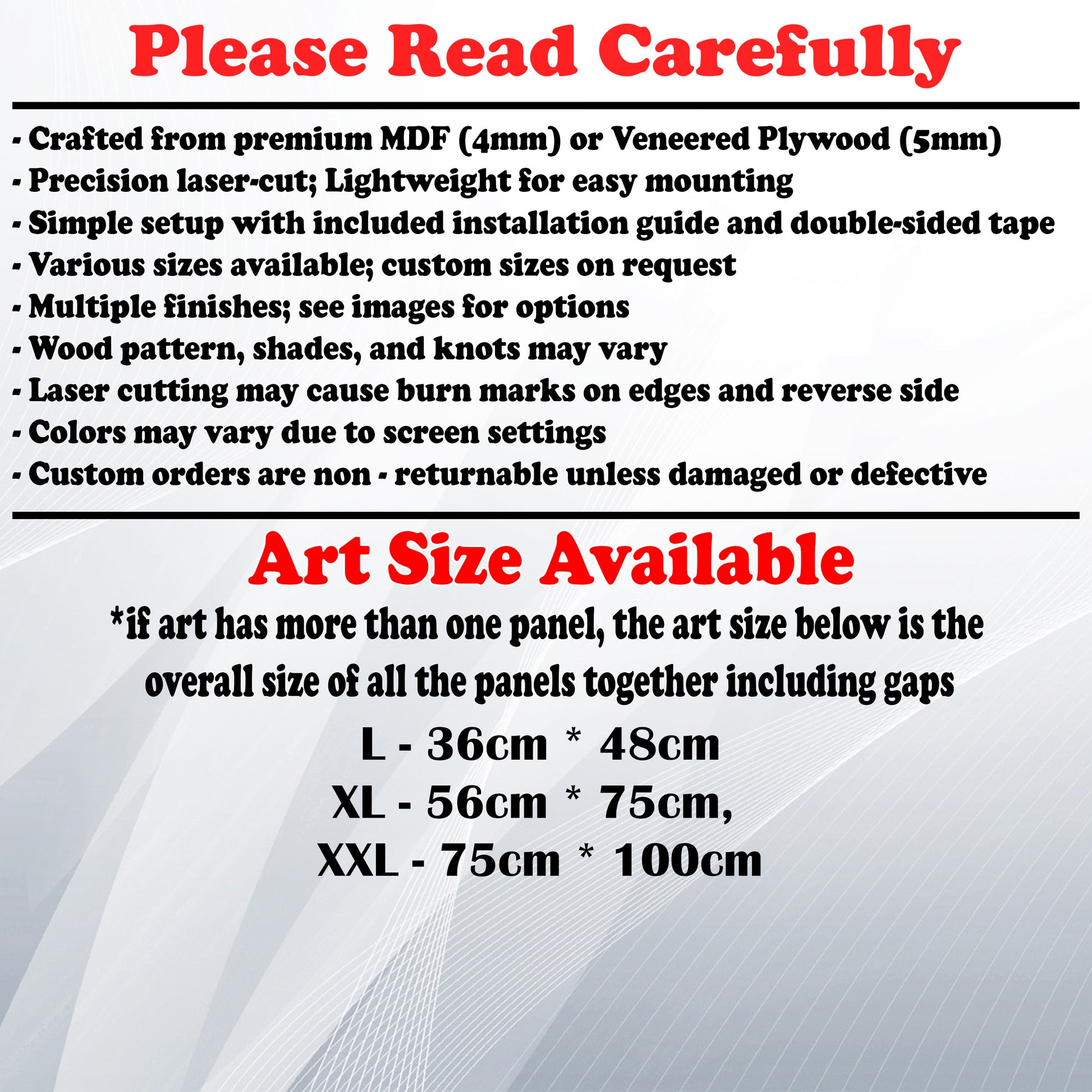 Wooden Art Size Guide and art details, Material, finish options, fittings.