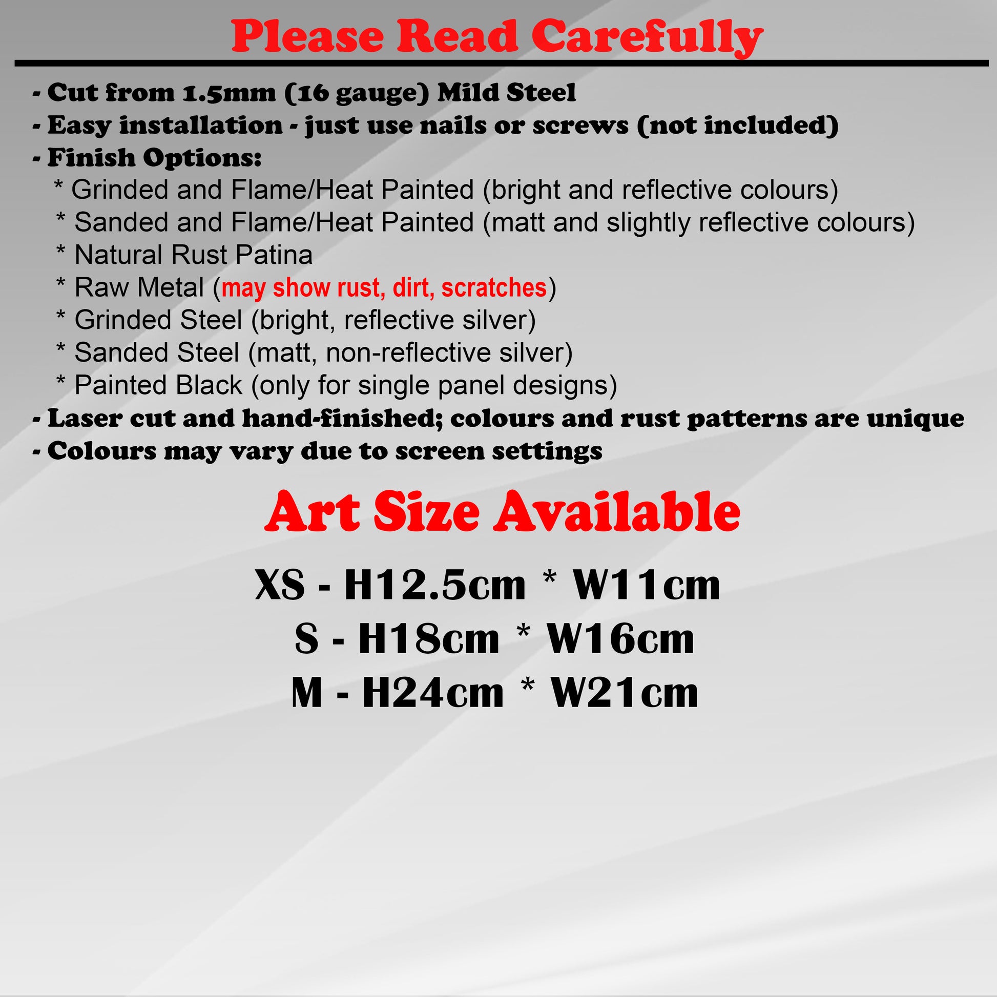 Duke Craft - Metal Garden Art Size Guide and art details, Material, finish options, fittings explained.
