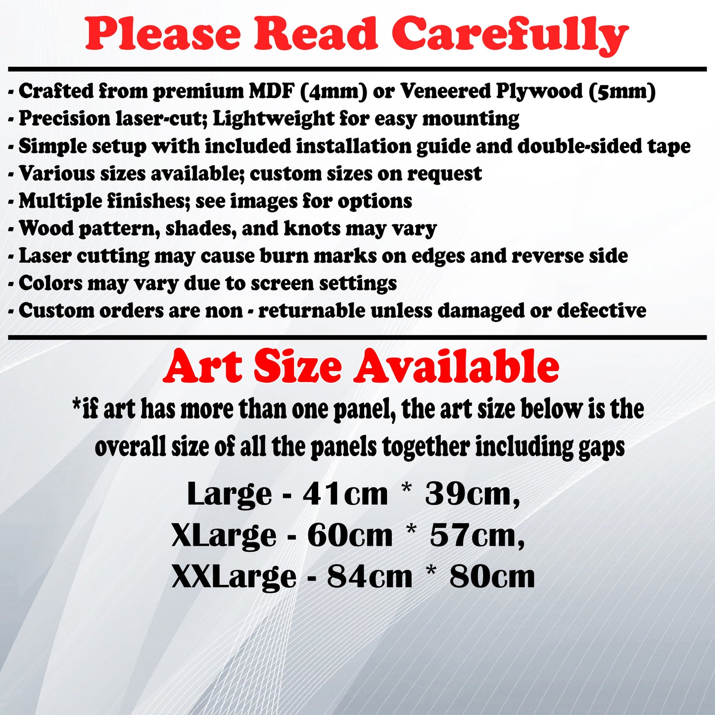 Wooden Art Size Guide and art details, Material, finish options, fittings.