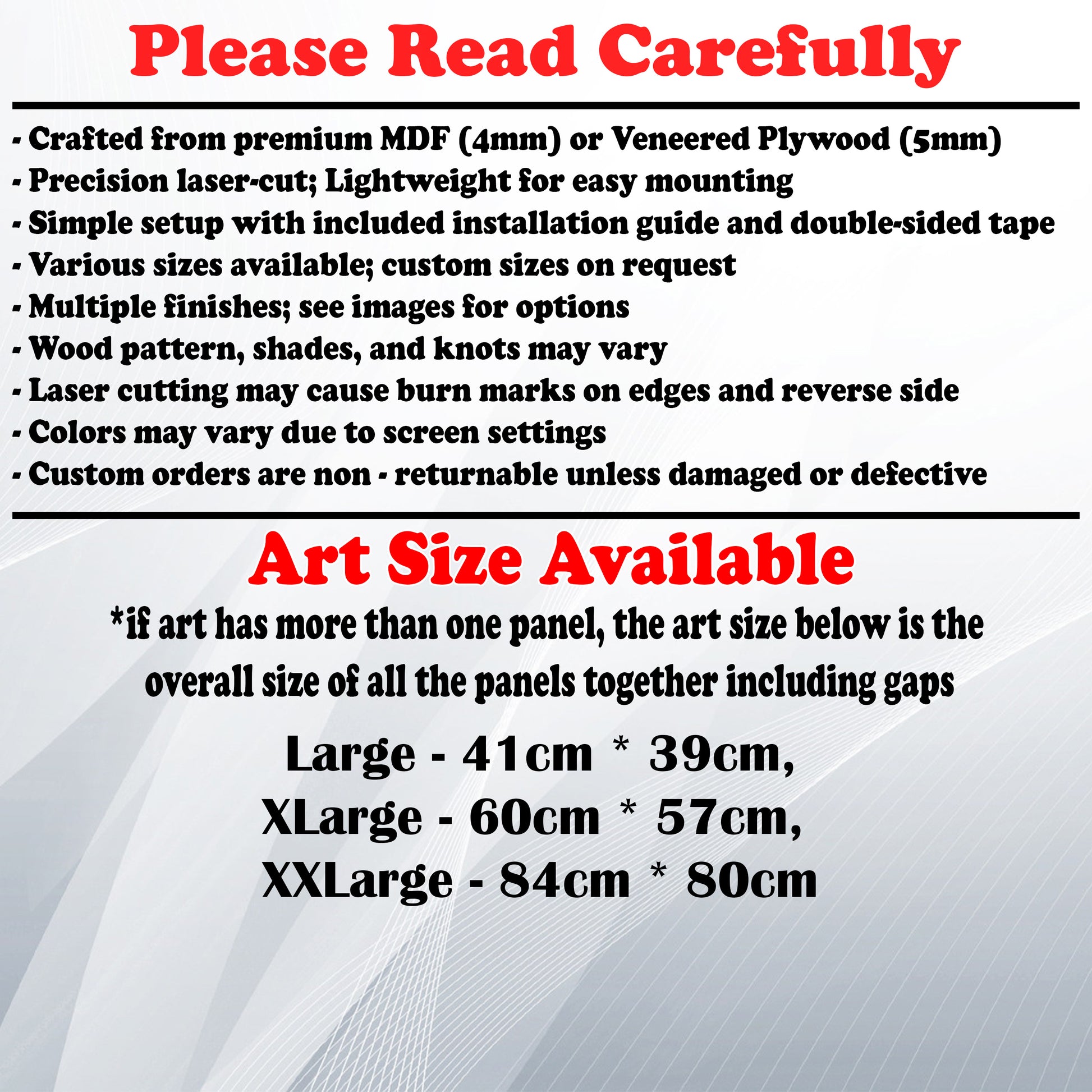 Wooden Art Size Guide and art details, Material, finish options, fittings.