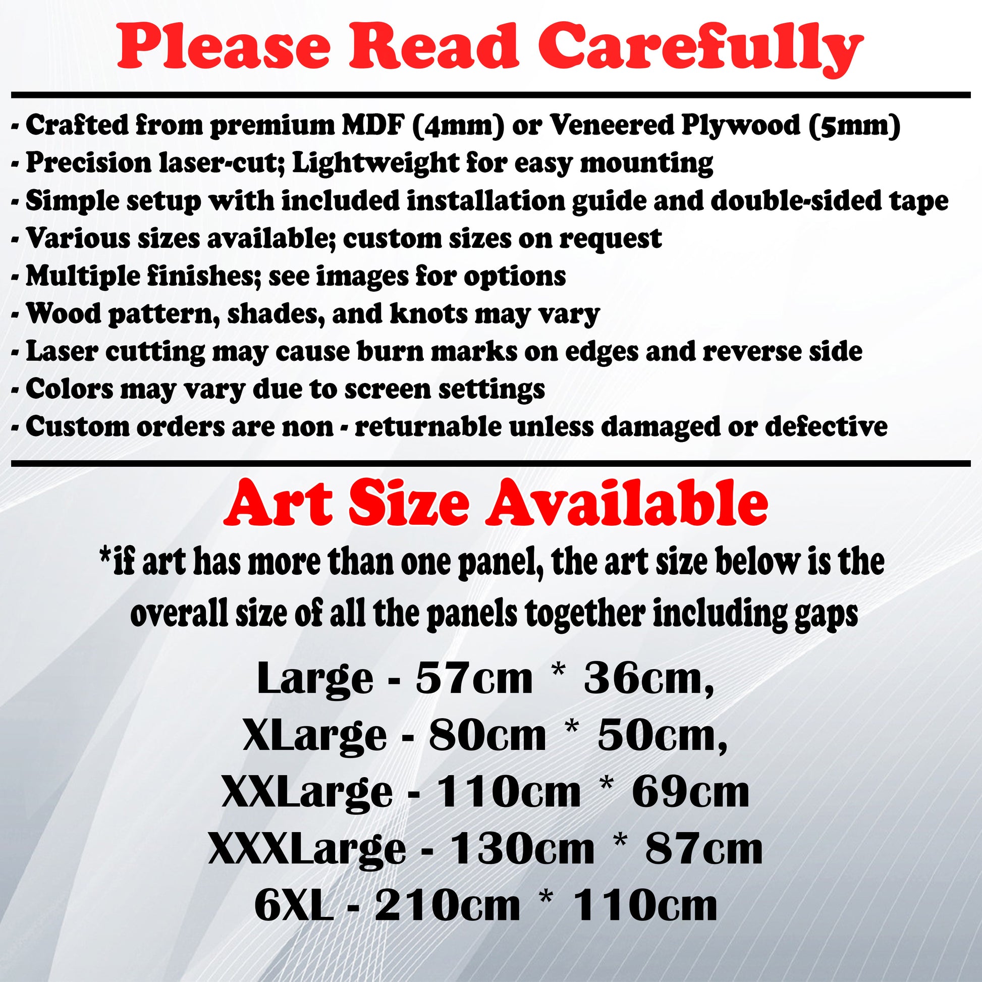 Wooden Art Size Guide and art details, Material, finish options, fittings.