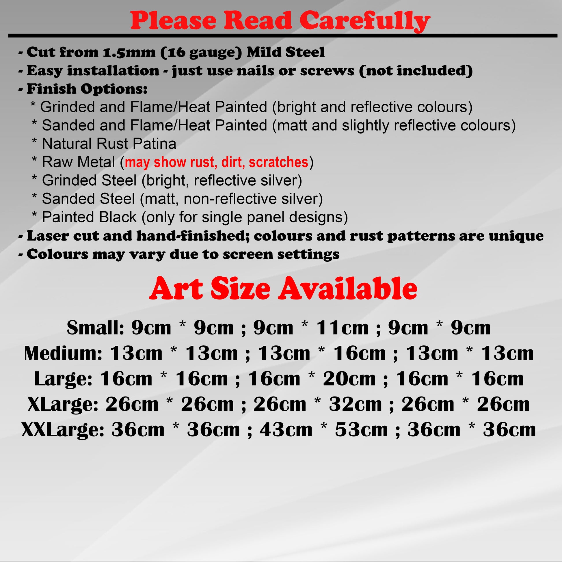 Duke Craft - Metal Garden Art Size Guide and art details, Material, finish options, fittings explained.
