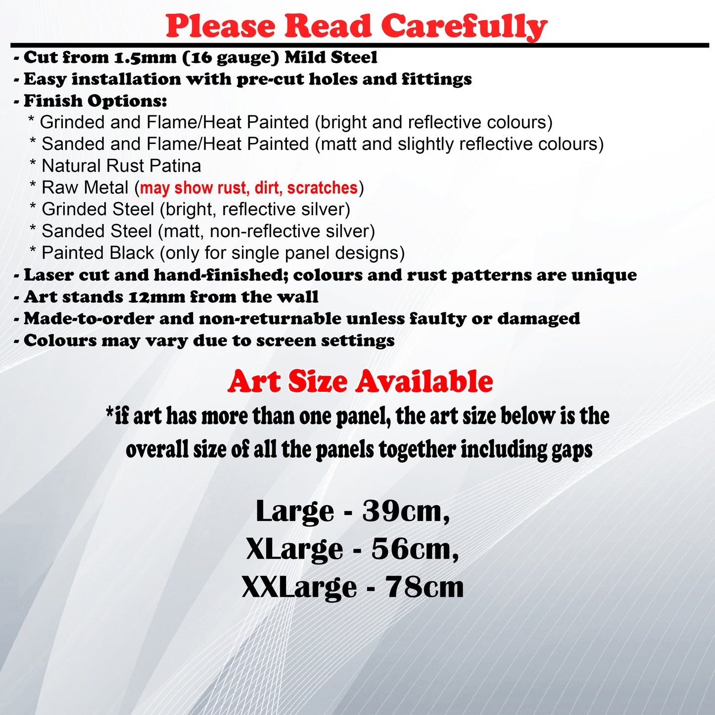 Metal Art Size Guide and art details like Material, finish options, fittings