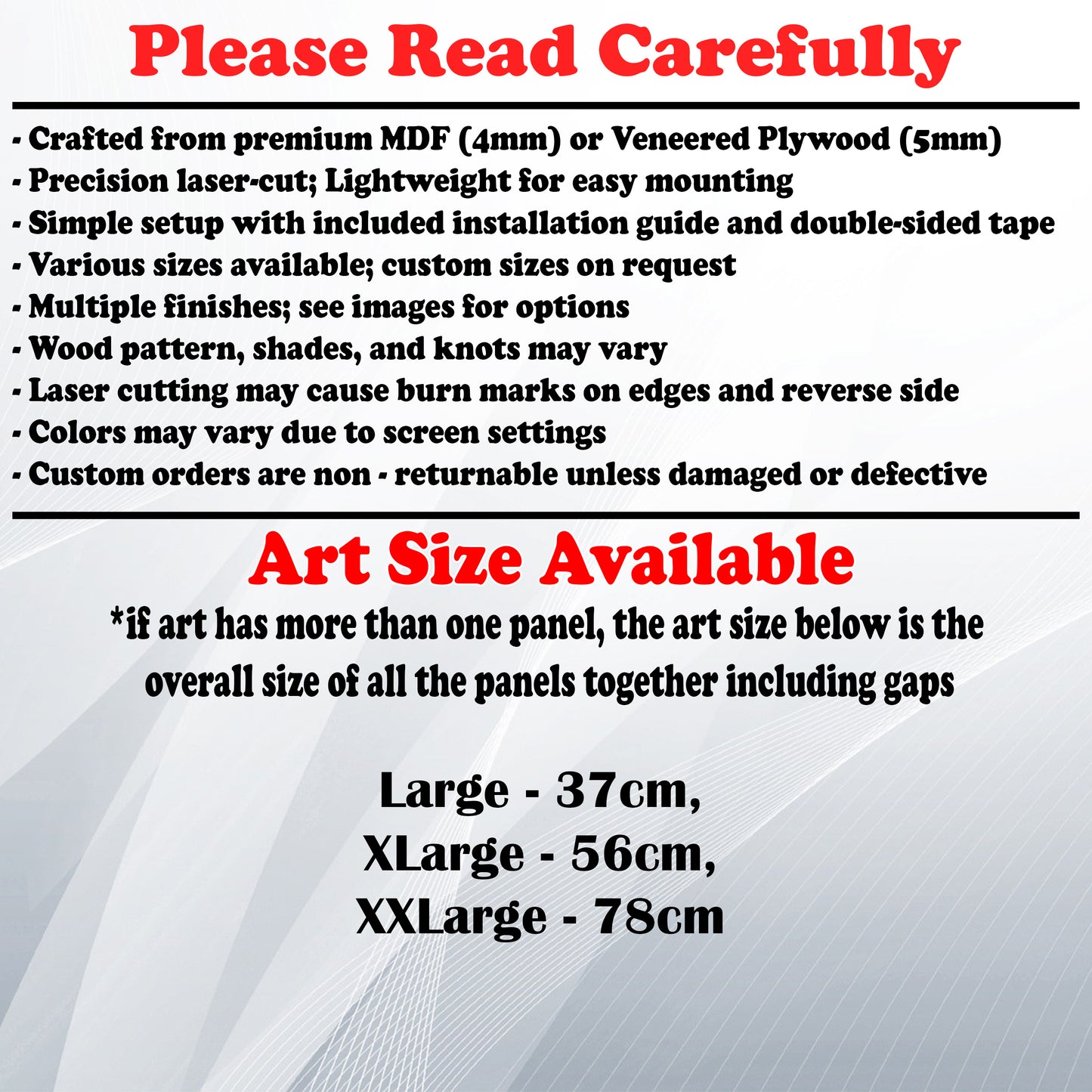 Wooden Art Size Guide and art details, Material, finish options, fittings.