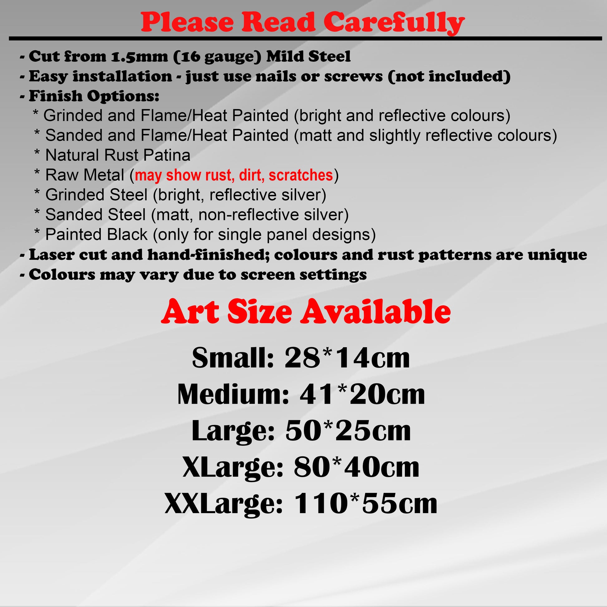 Duke Craft - Metal Garden Art Size Guide and art details, Material, finish options, fittings explained.