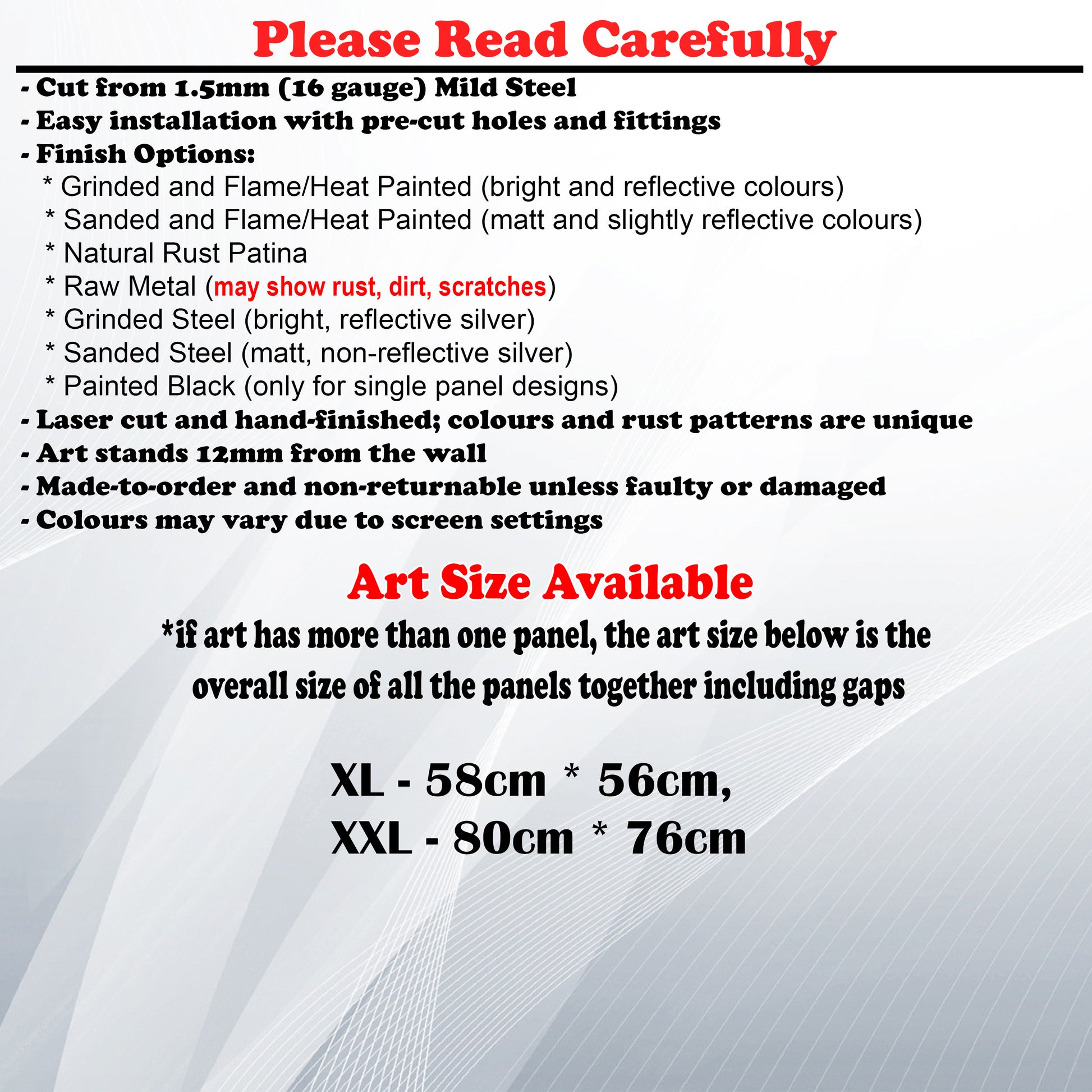 Metal Art Size Guide and art details like Material, finish options, fittings