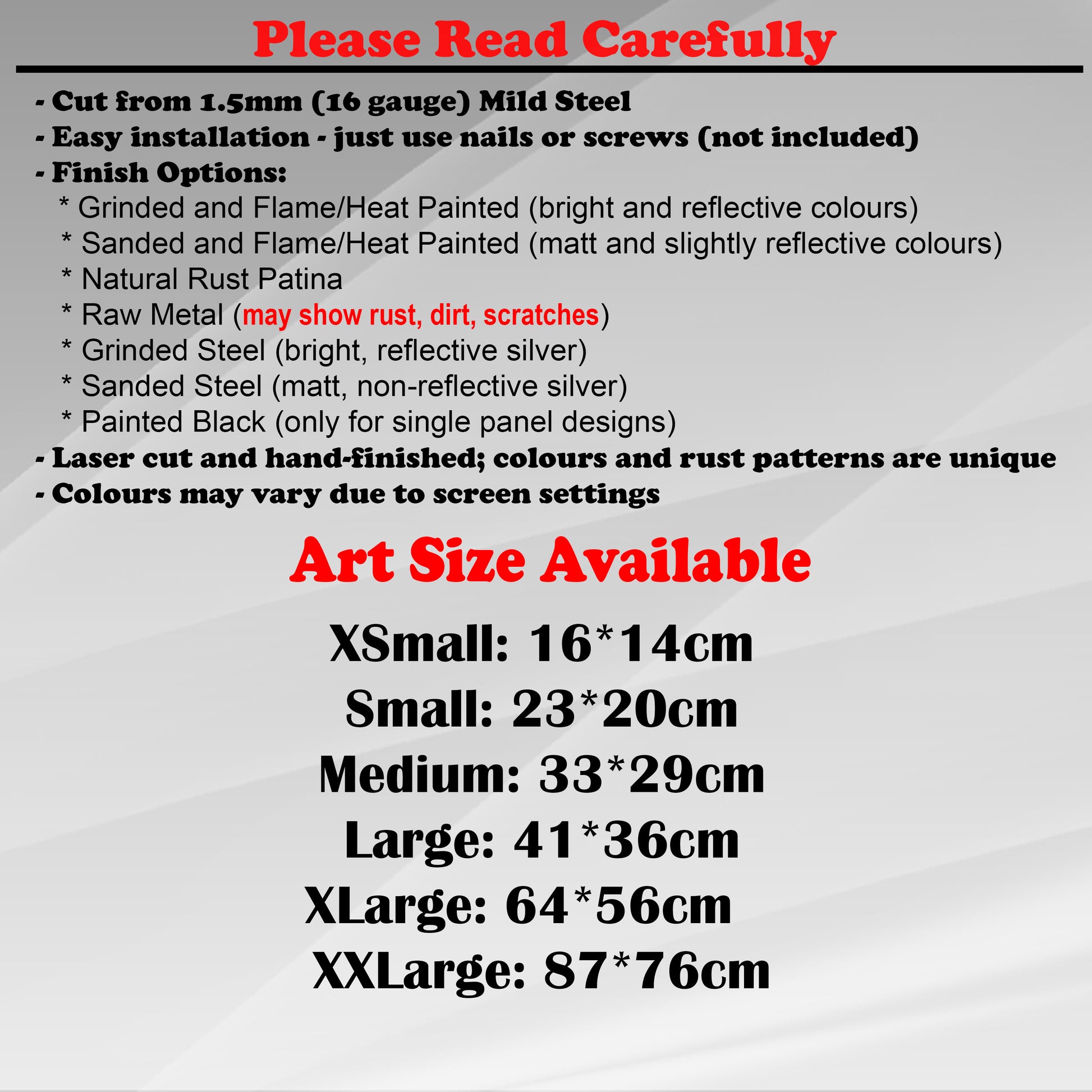 Duke Craft - Metal Garden Art Size Guide and art details, Material, finish options, fittings explained.