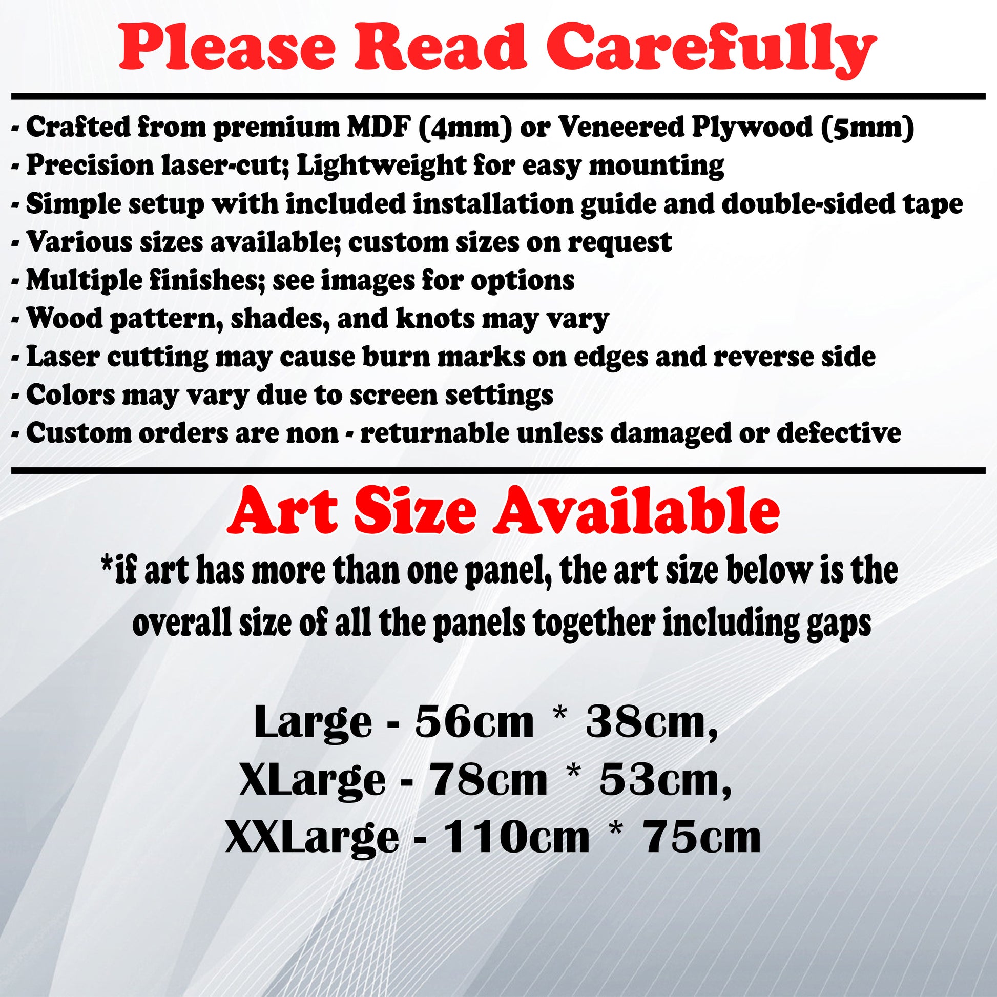 Wooden Art Size Guide and art details, Material, finish options, fittings.