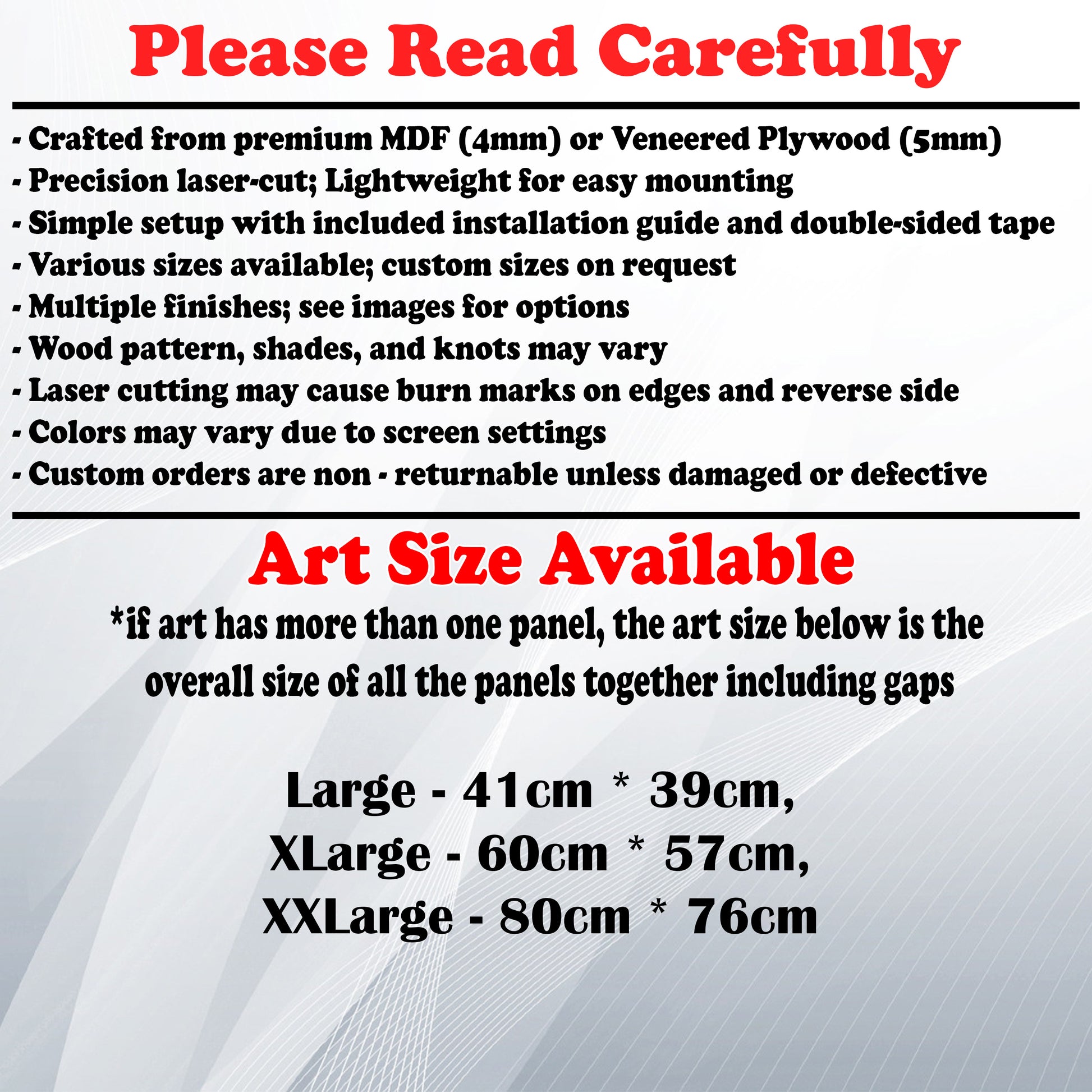 Wooden Art Size Guide and art details, Material, finish options, fittings.