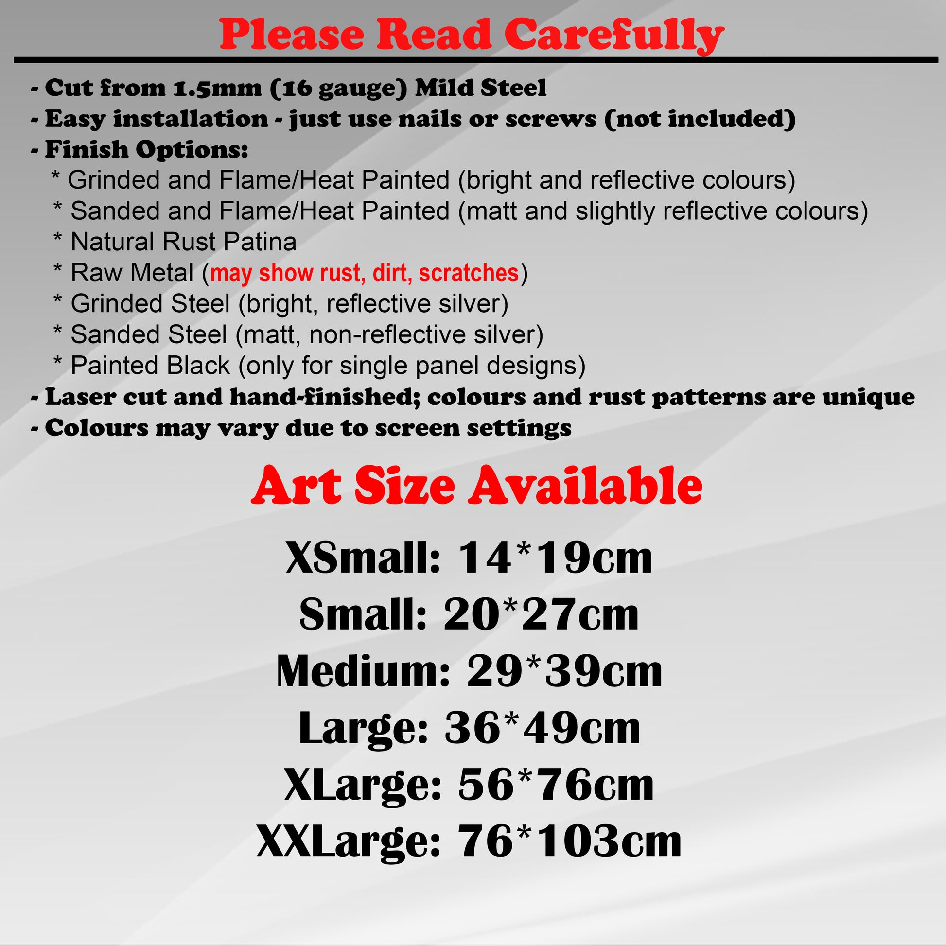 Duke Craft - Metal Garden Art Size Guide and art details, Material, finish options, fittings explained.