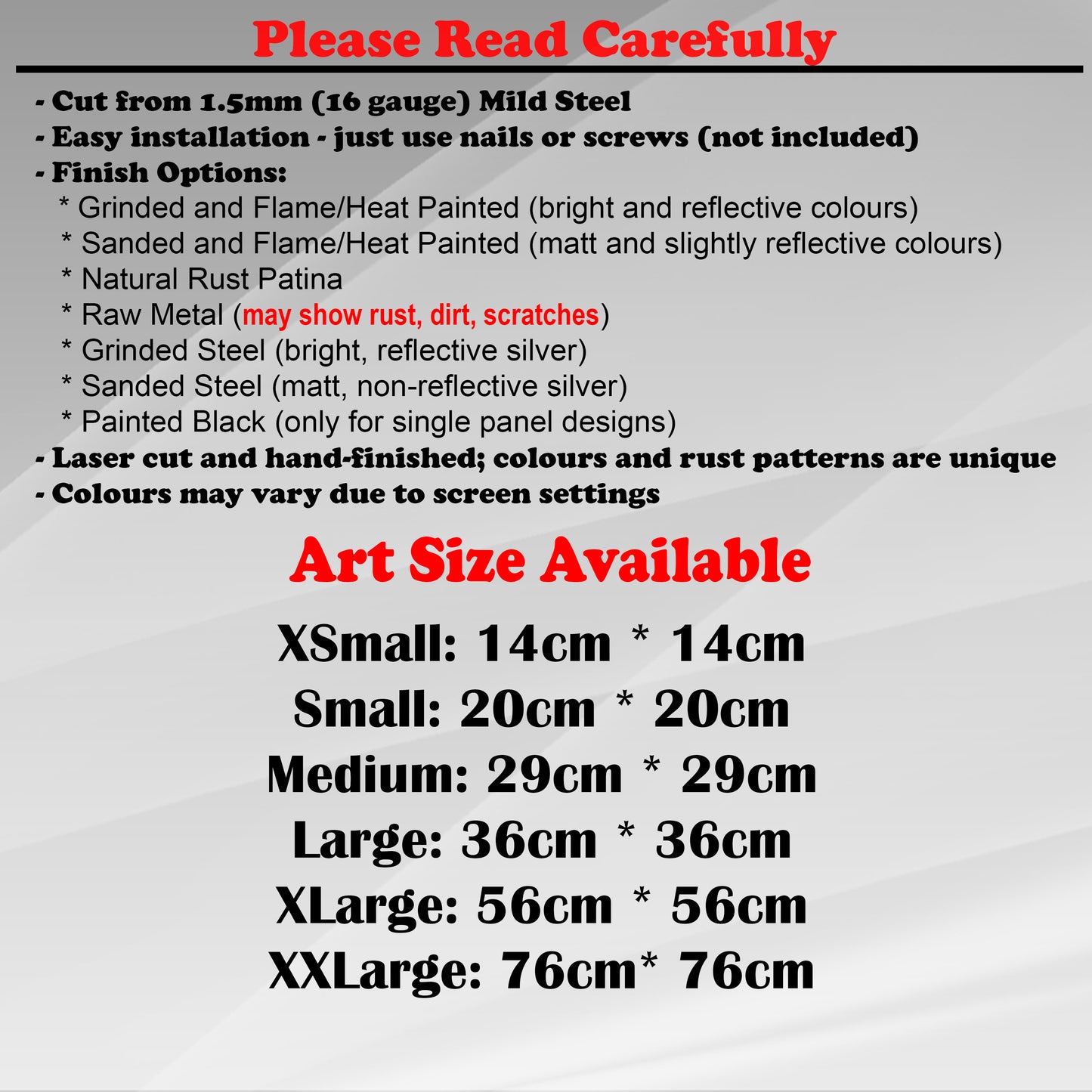 Duke Craft - Metal Garden Art Size Guide and art details, Material, finish options, fittings explained.