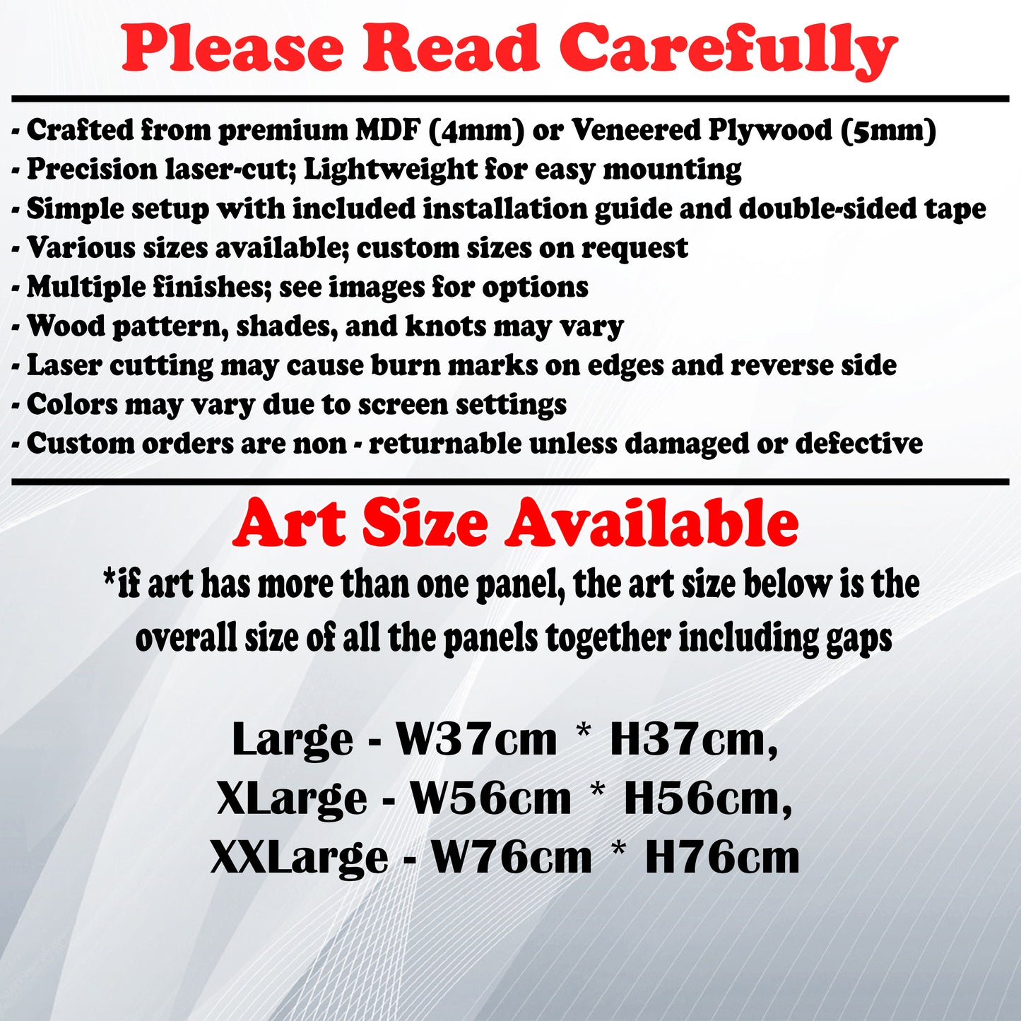 Wooden Art Size Guide and art details, Material, finish options, fittings.