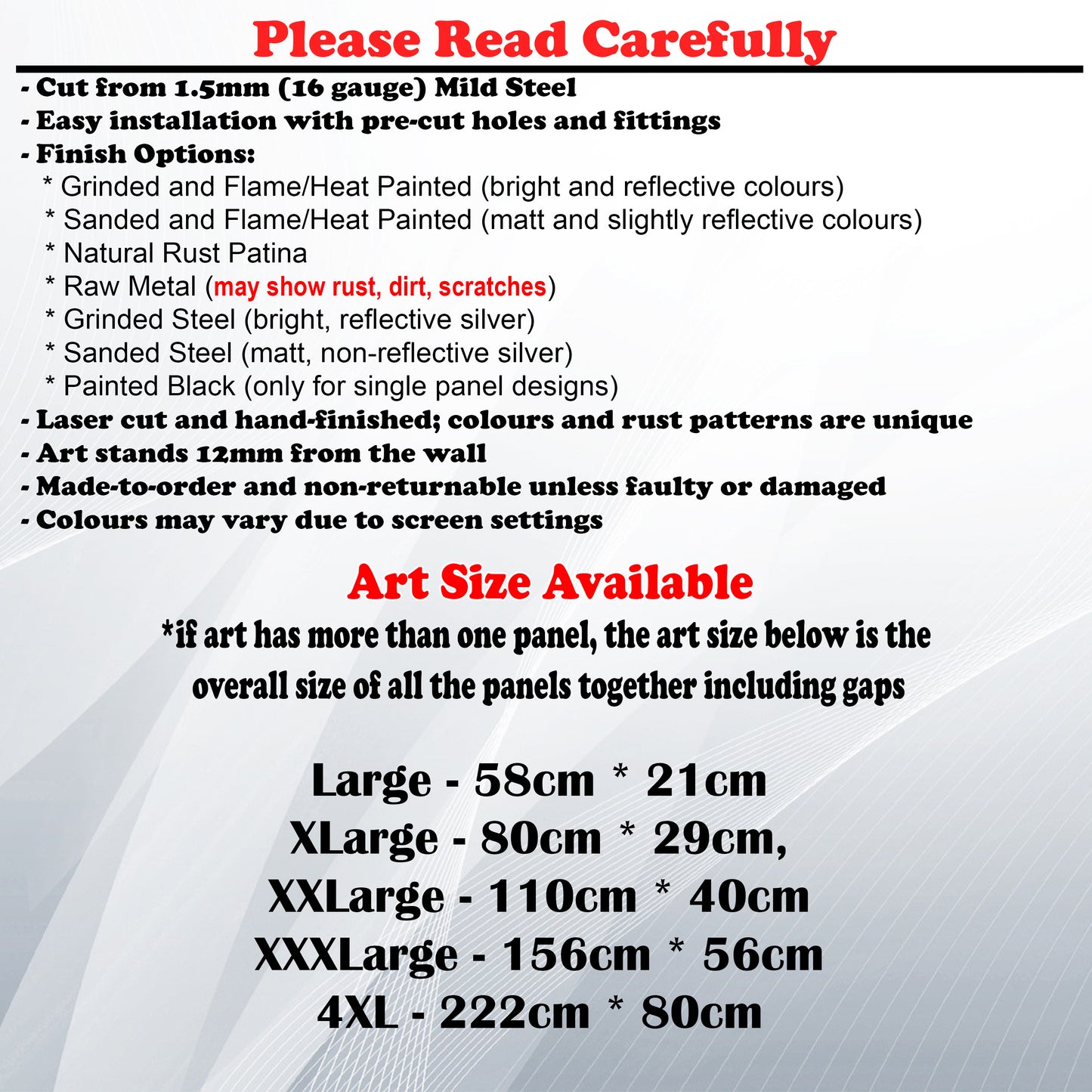 Metal Art Size Guide and art details like Material, finish options, fittings
