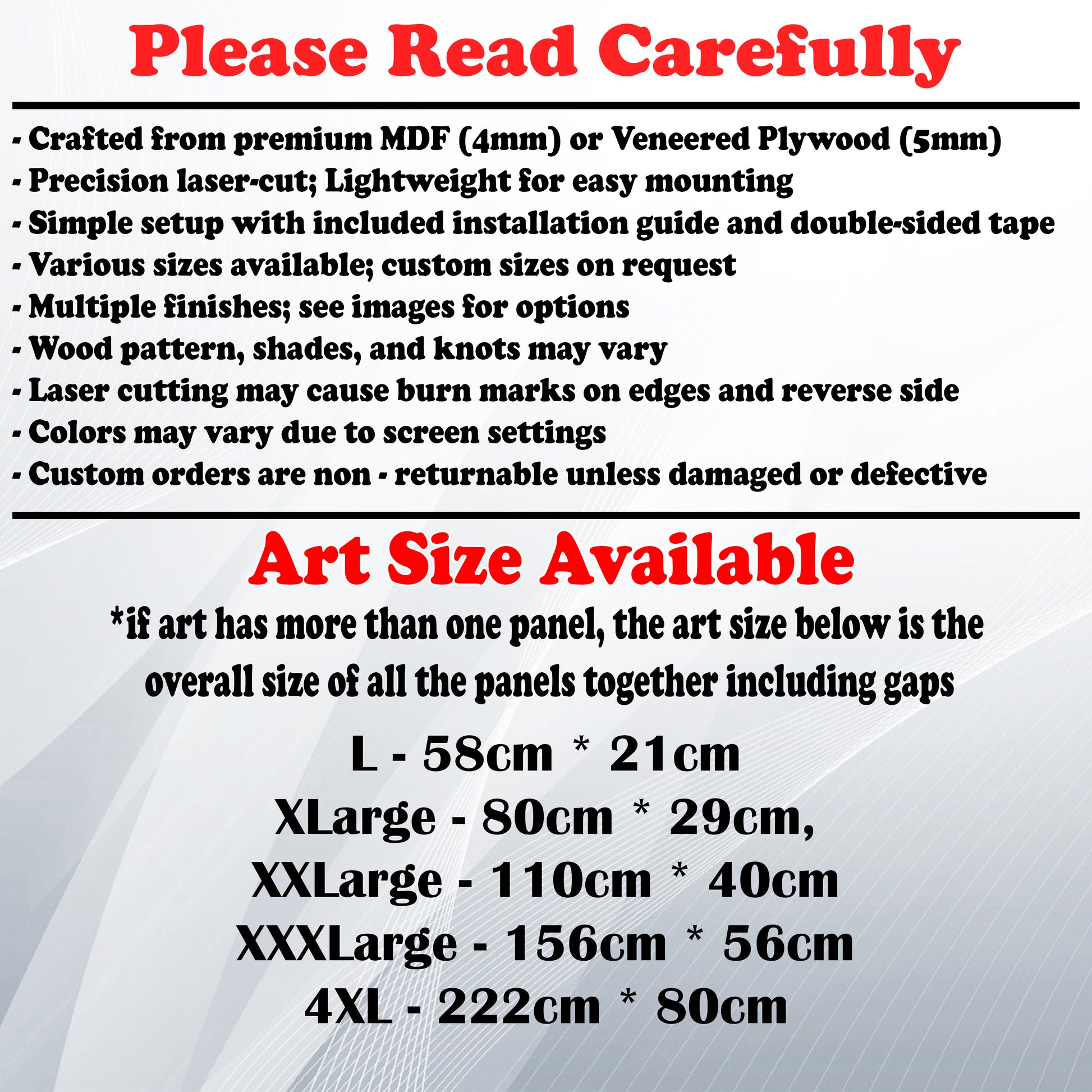 Wooden Art Size Guide and art details, Material, finish options, fittings.