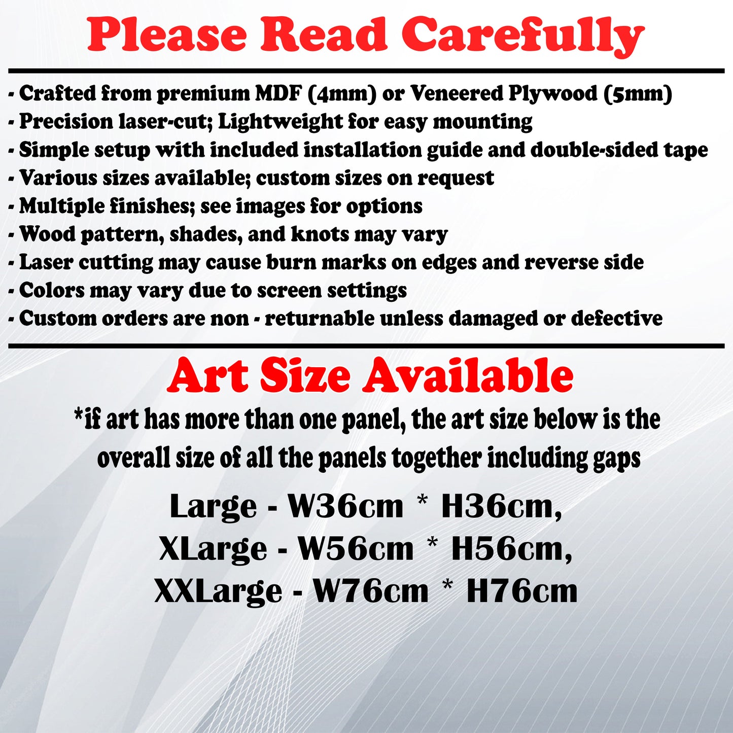 Wooden Art Size Guide and art details, Material, finish options, fittings.