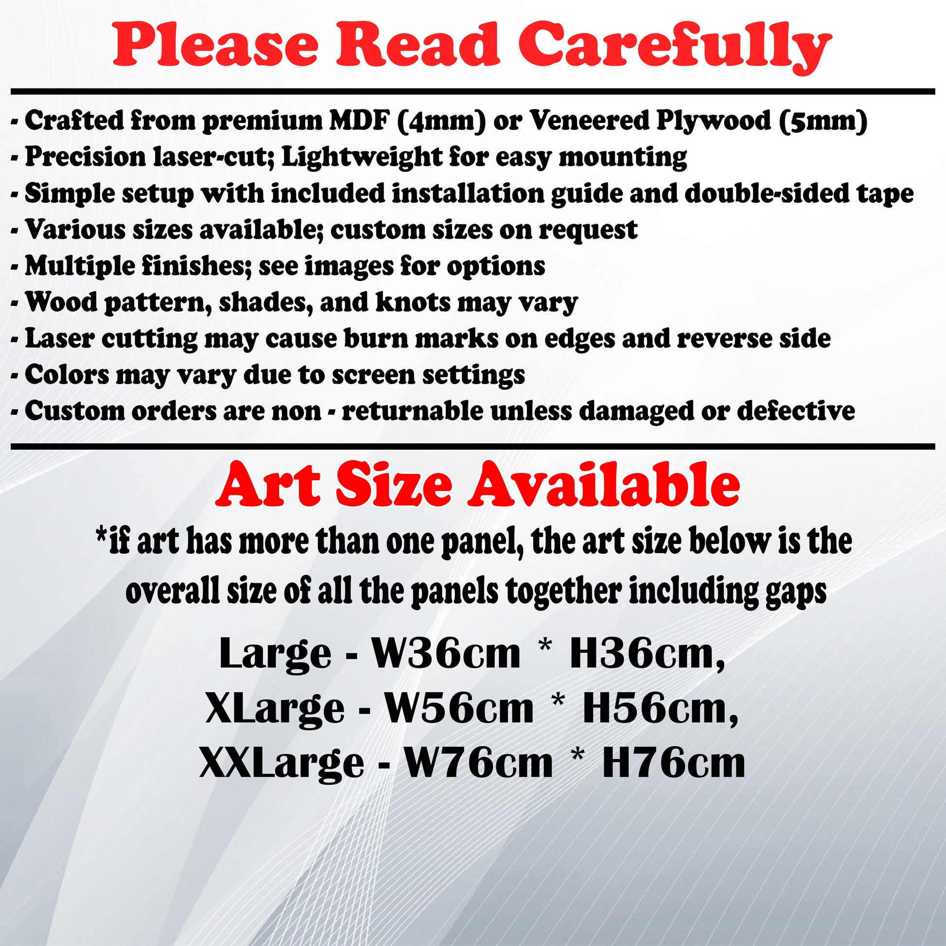 Wooden Art Size Guide and art details, Material, finish options, fittings.
