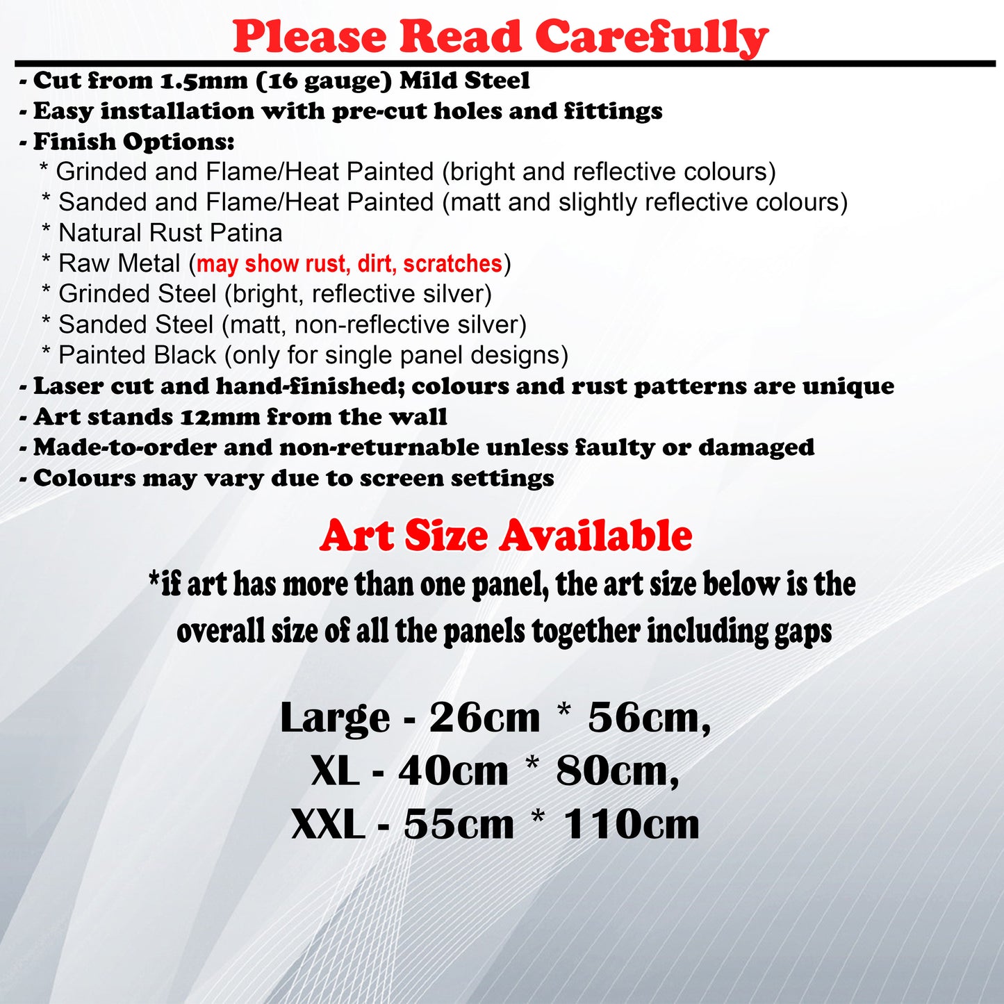 Metal Art Size Guide and art details like Material, finish options, fittings