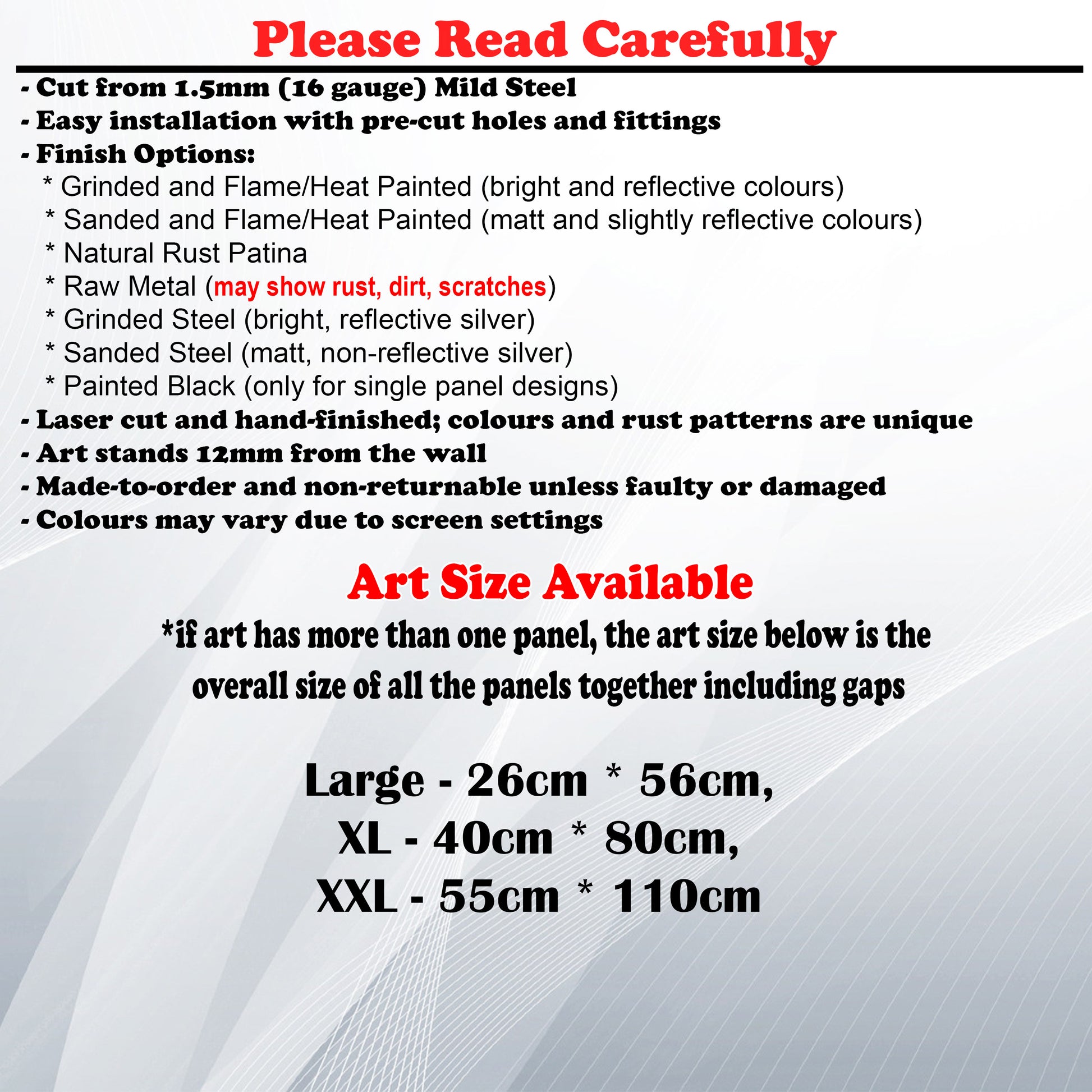 Metal Art Size Guide and art details like Material, finish options, fittings