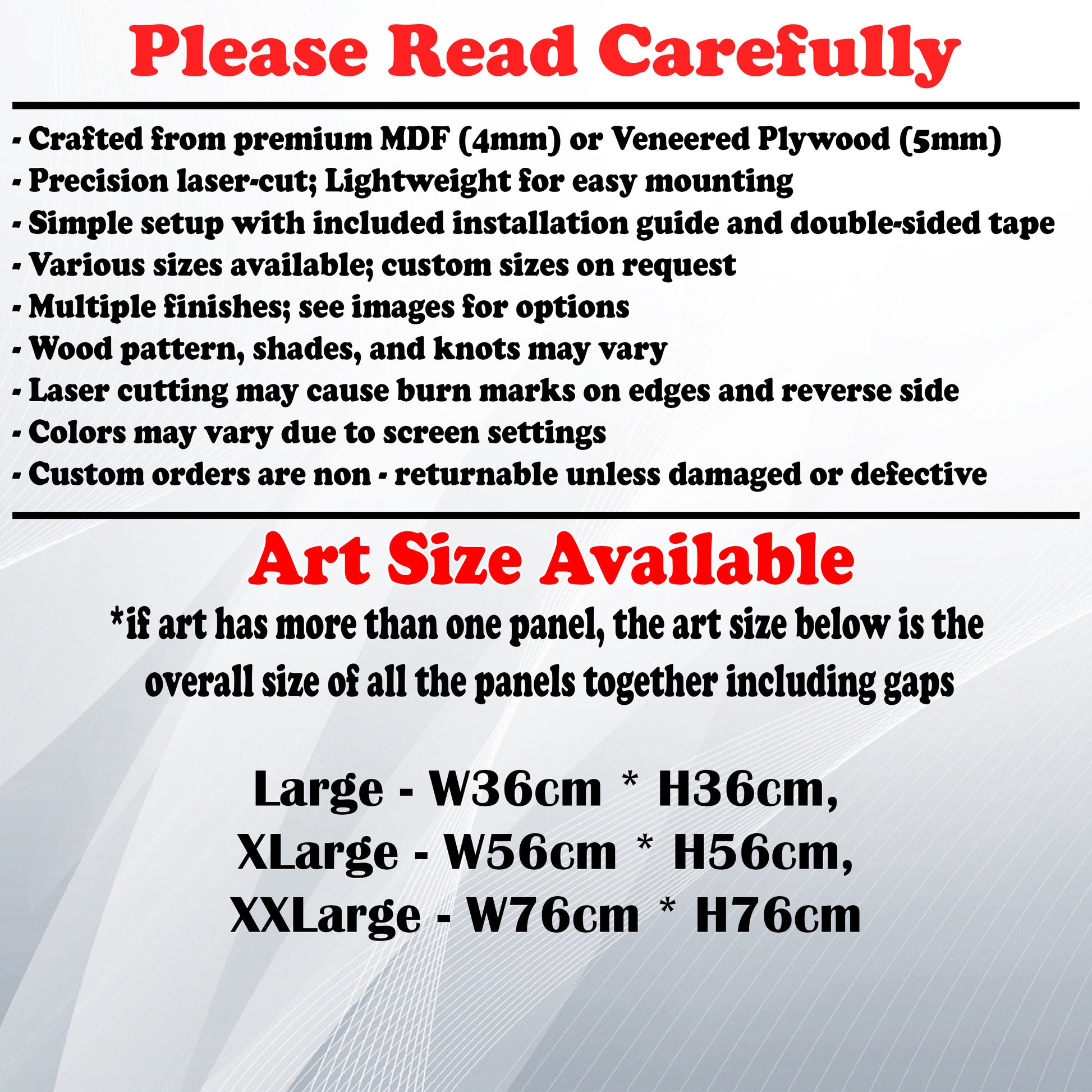 Wooden Art Size Guide and art details, Material, finish options, fittings.