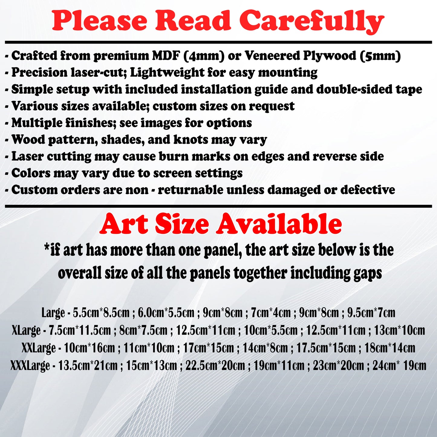 Wooden Art Size Guide and art details, Material, finish options, fittings.