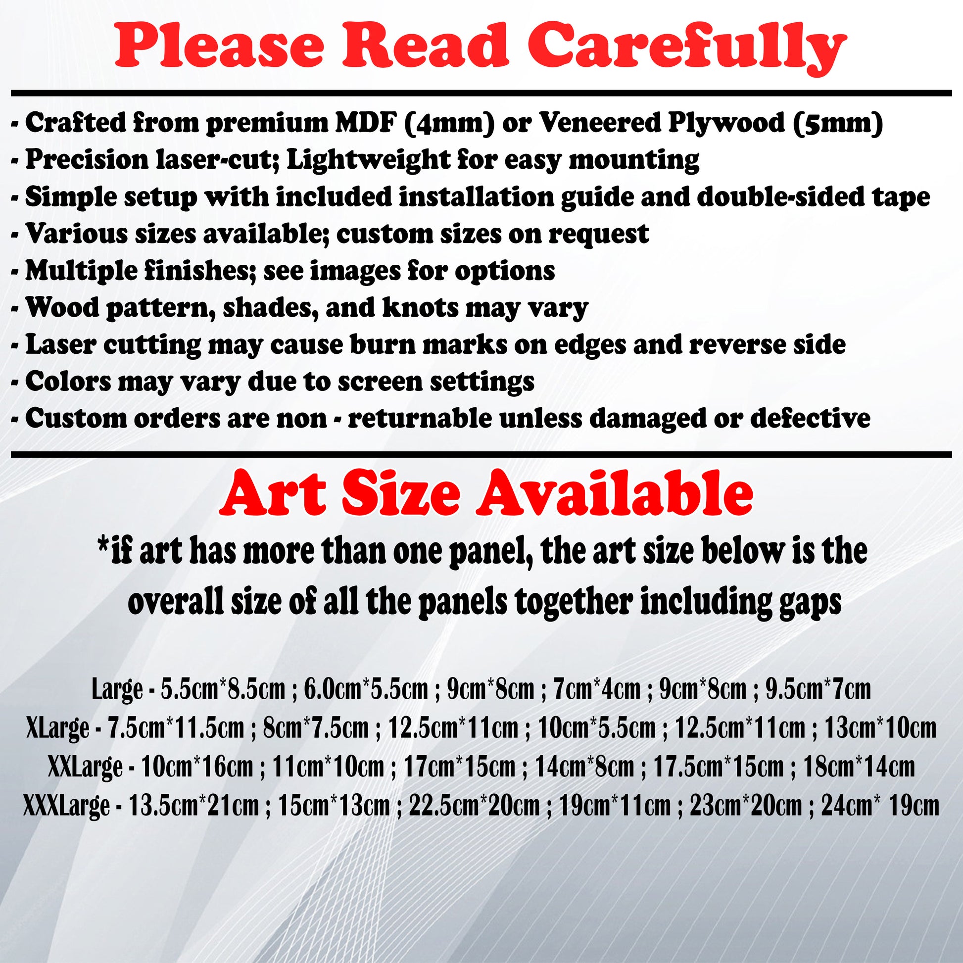 Wooden Art Size Guide and art details, Material, finish options, fittings.