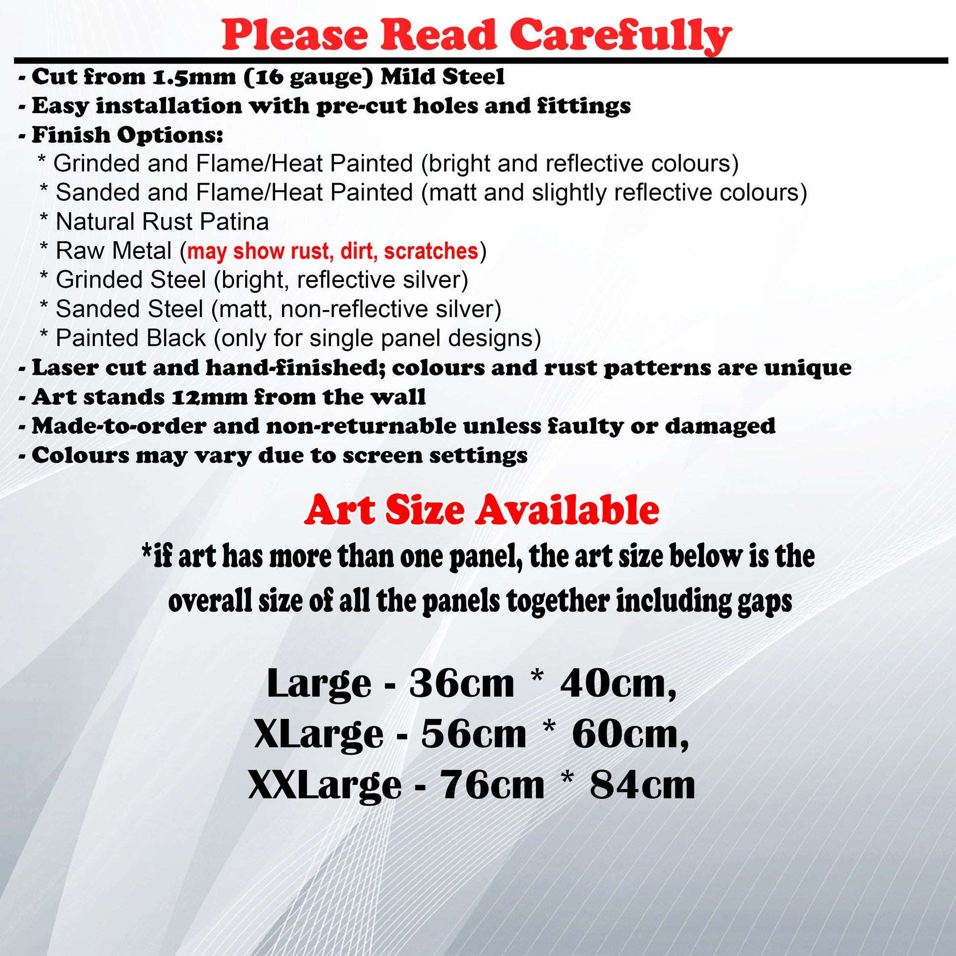 Metal Art Size Guide and art details like Material, finish options, fittings