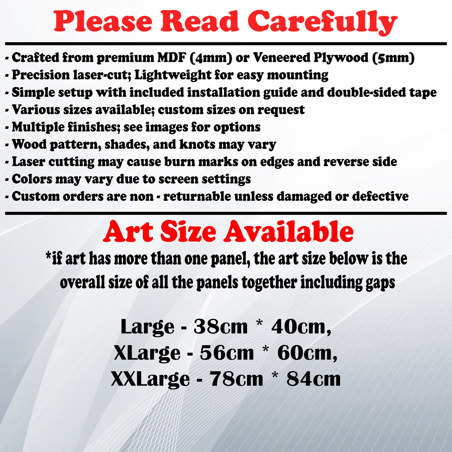 Wooden Art Size Guide and art details, Material, finish options, fittings.
