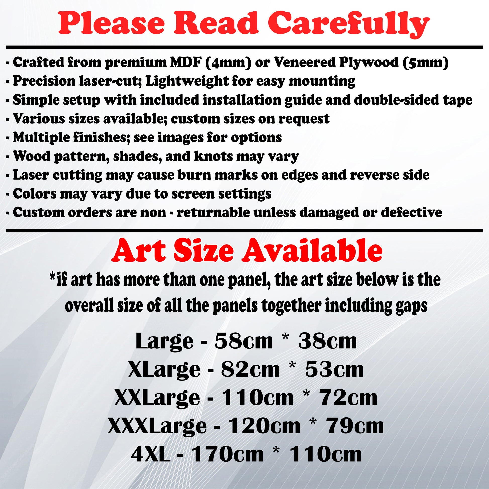 Wooden Art Size Guide and art details, Material, finish options, fittings.