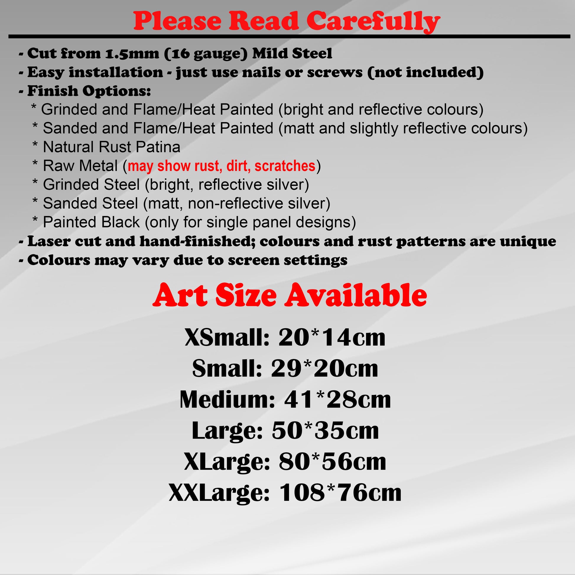 Duke Craft - Metal Garden Art Size Guide and art details, Material, finish options, fittings explained.