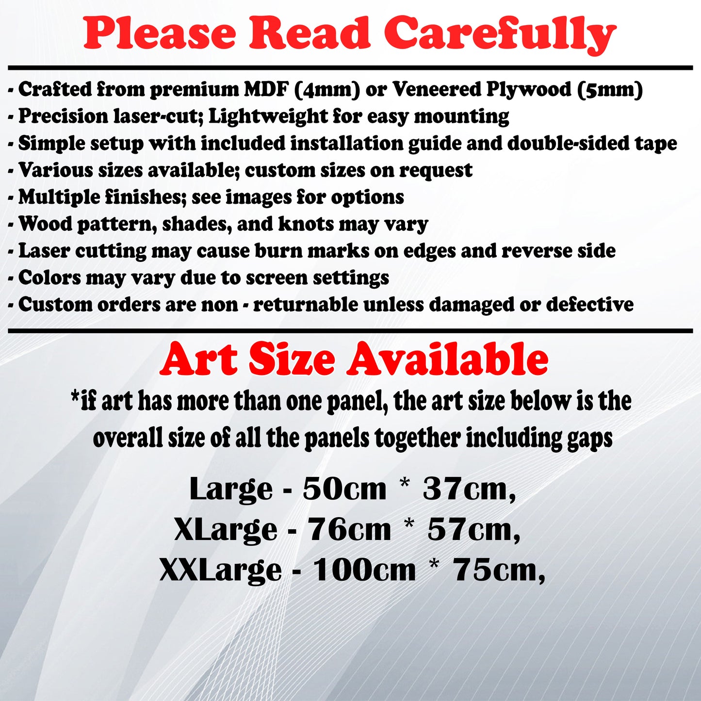 Wooden Art Size Guide and art details, Material, finish options, fittings.