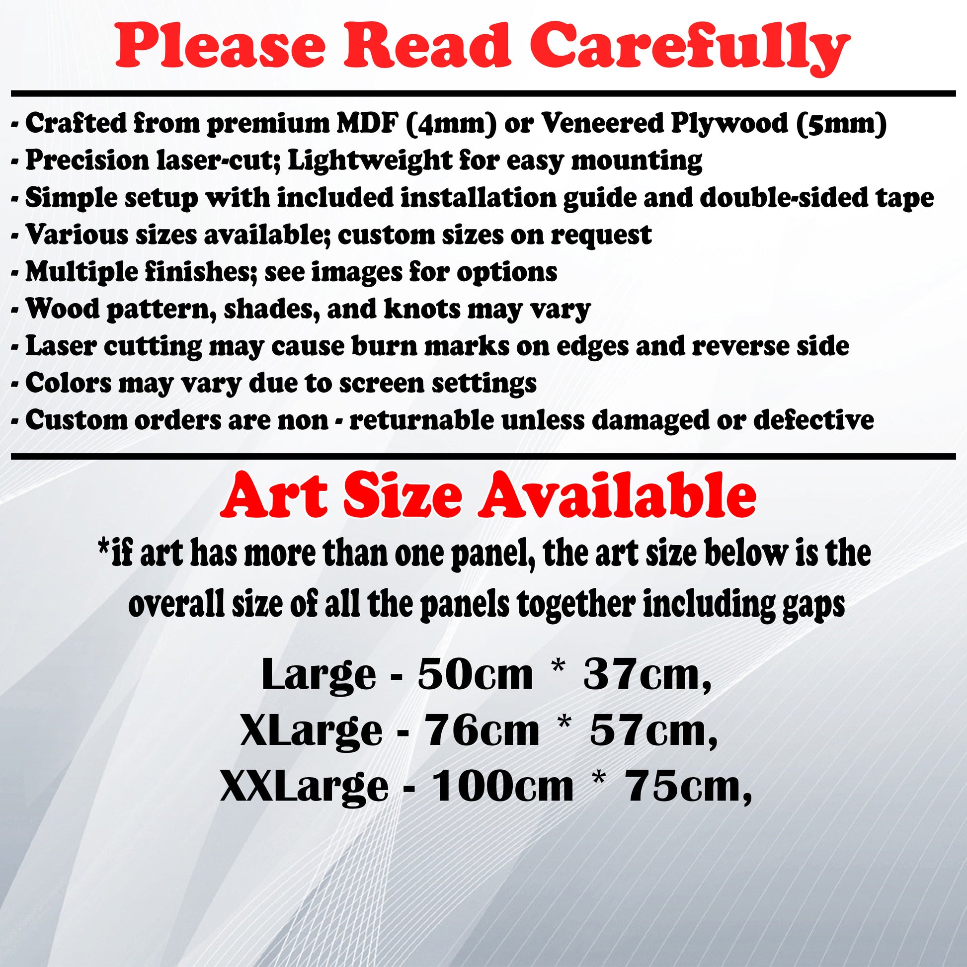 Wooden Art Size Guide and art details, Material, finish options, fittings.