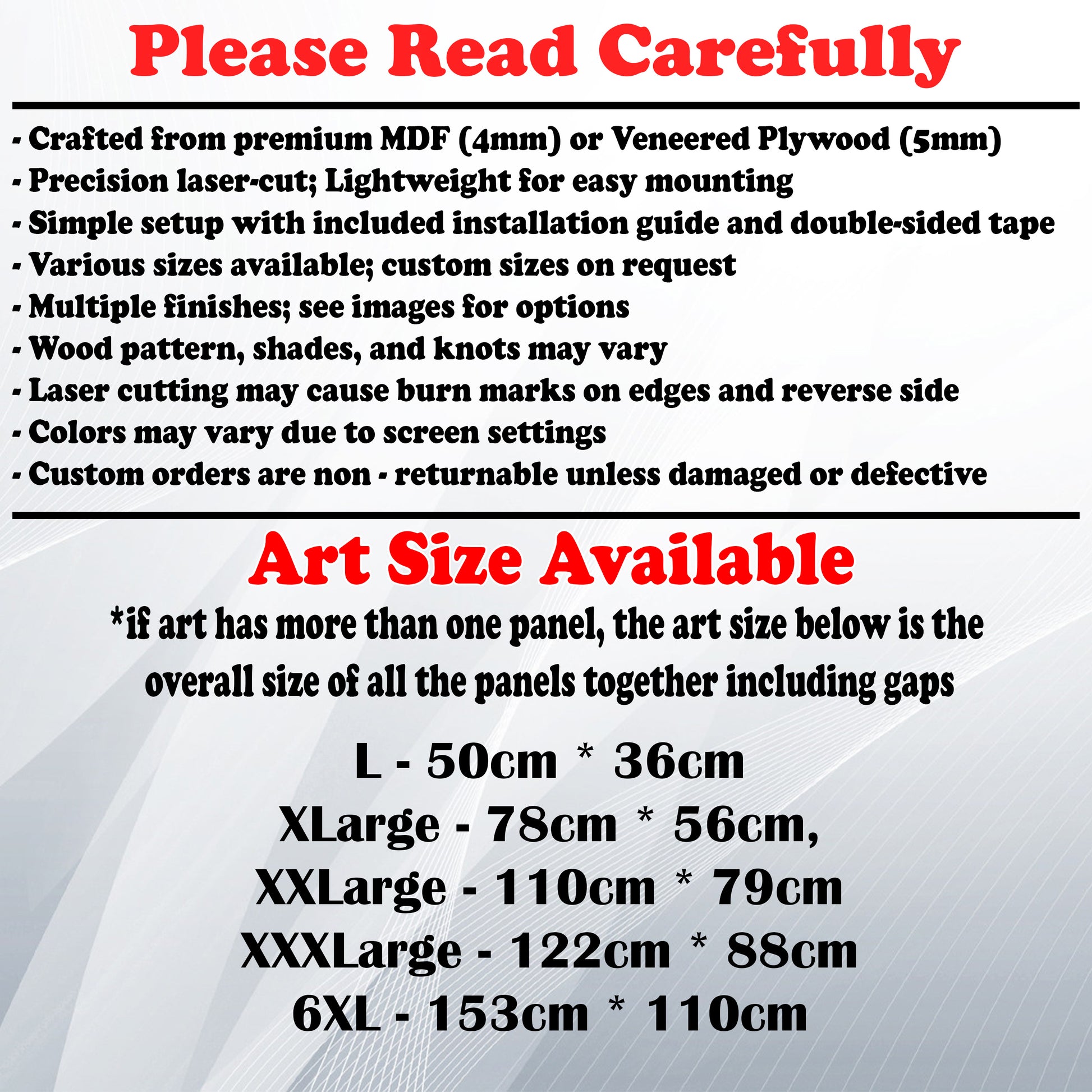 Wooden Art Size Guide and art details, Material, finish options, fittings.