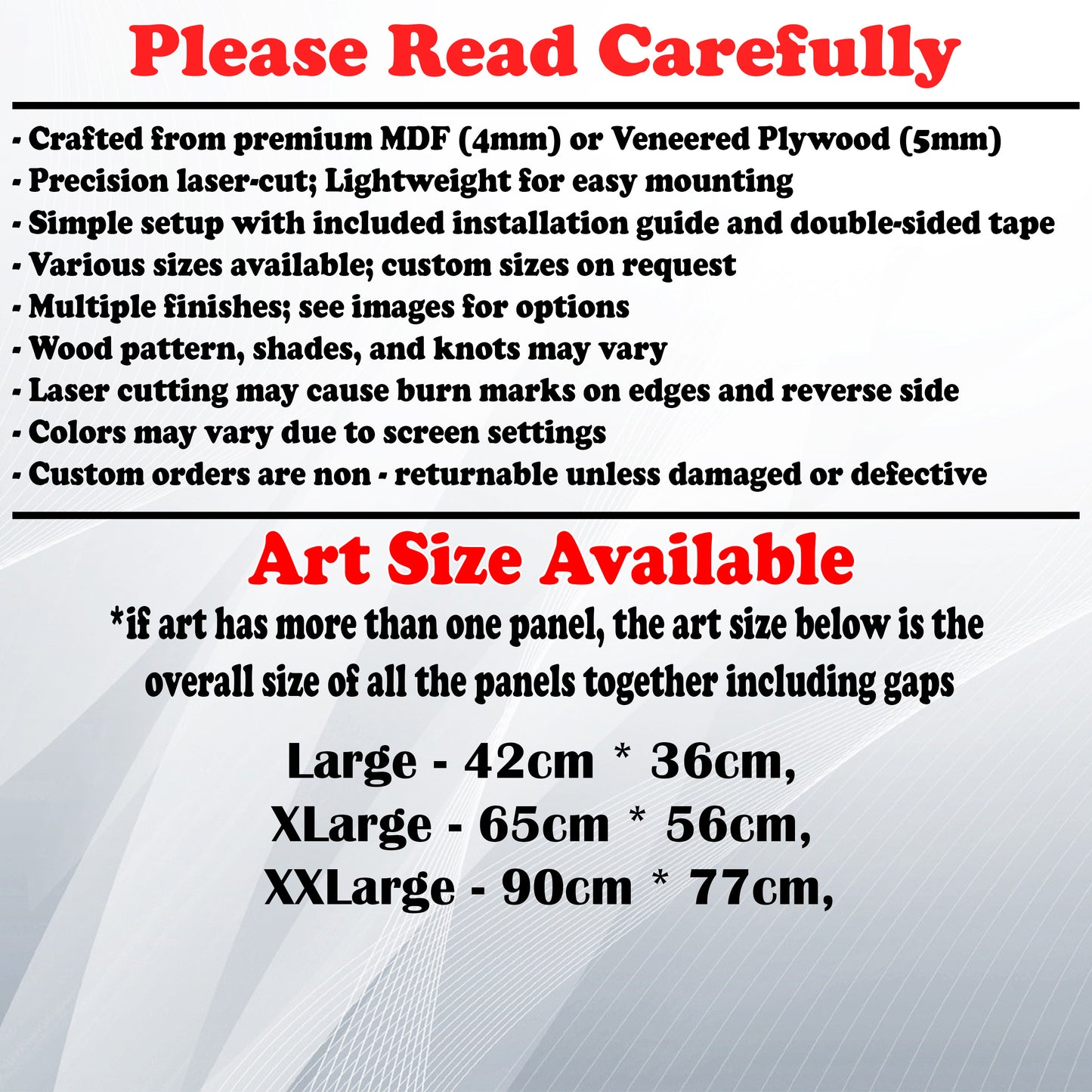 Wooden Art Size Guide and art details, Material, finish options, fittings.