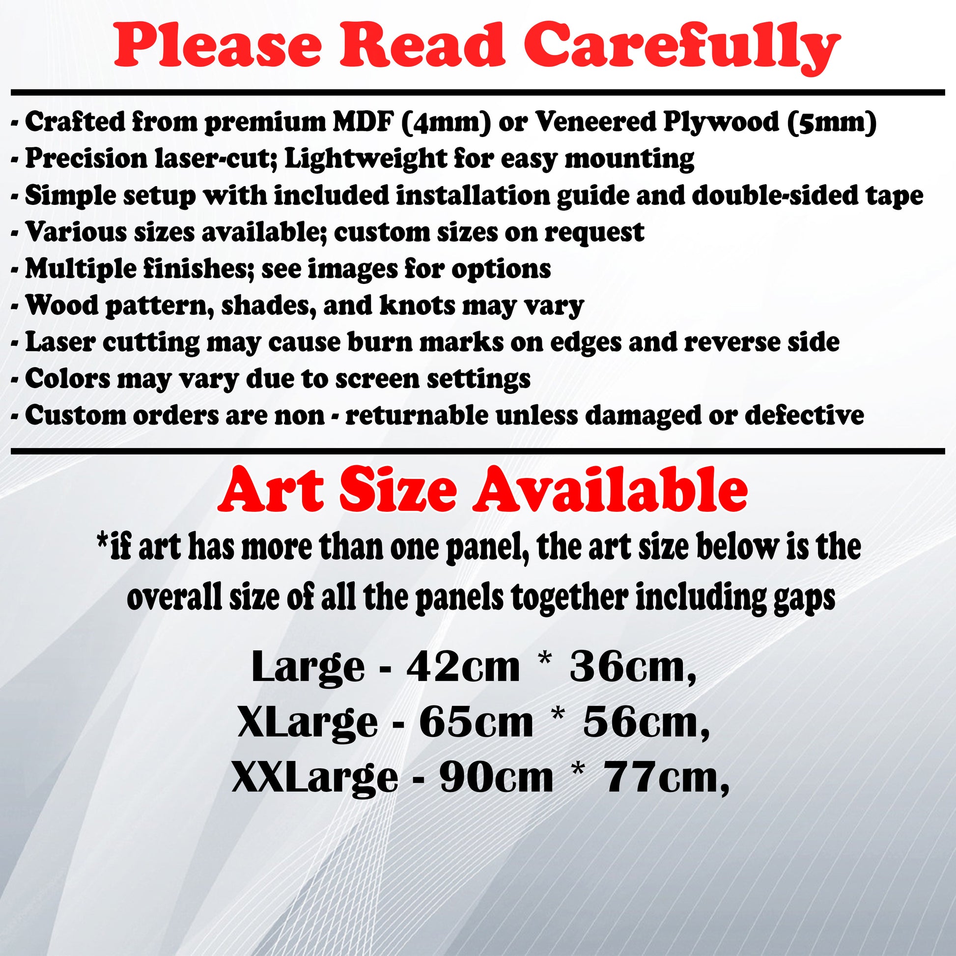 Wooden Art Size Guide and art details, Material, finish options, fittings.