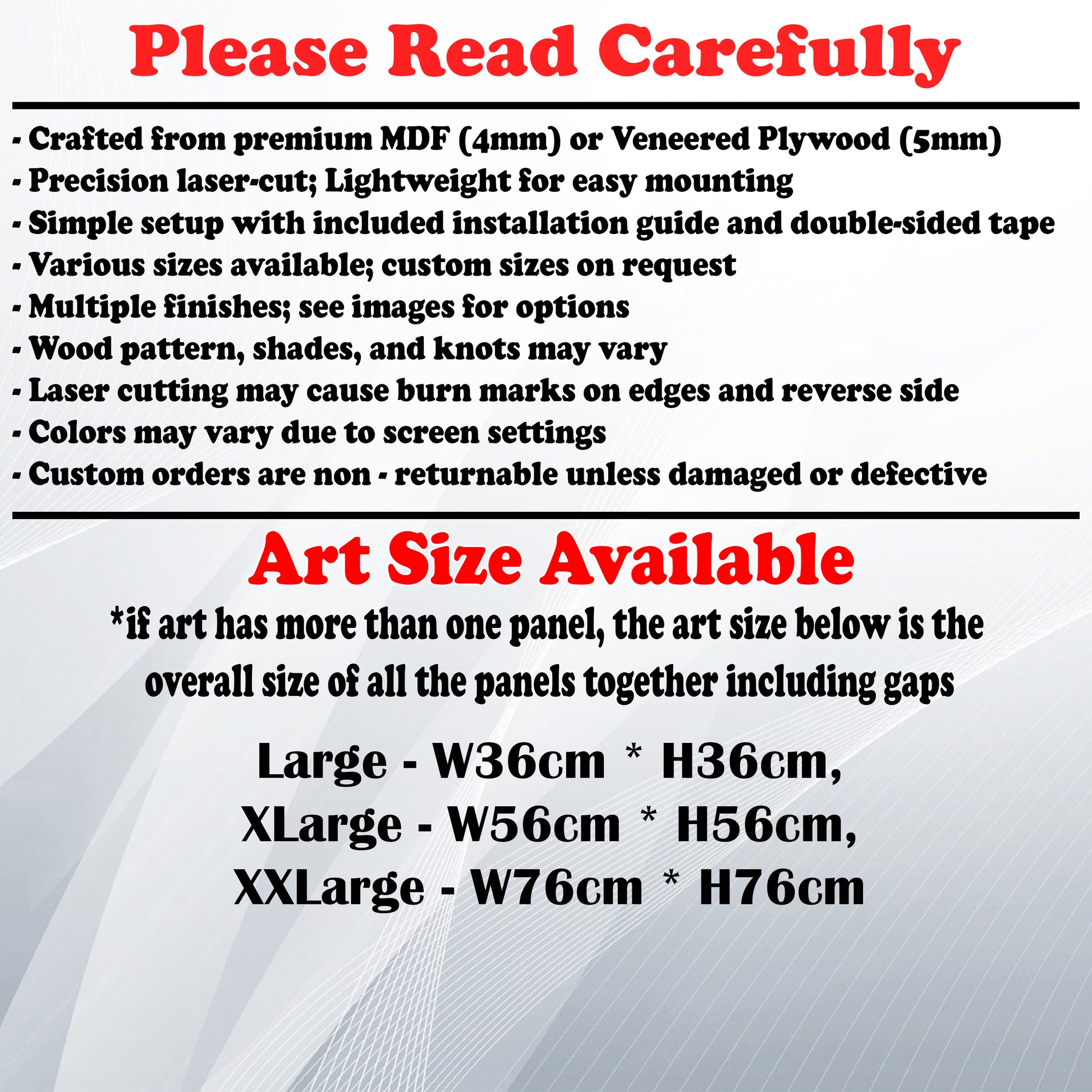 Wooden Art Size Guide and art details, Material, finish options, fittings.